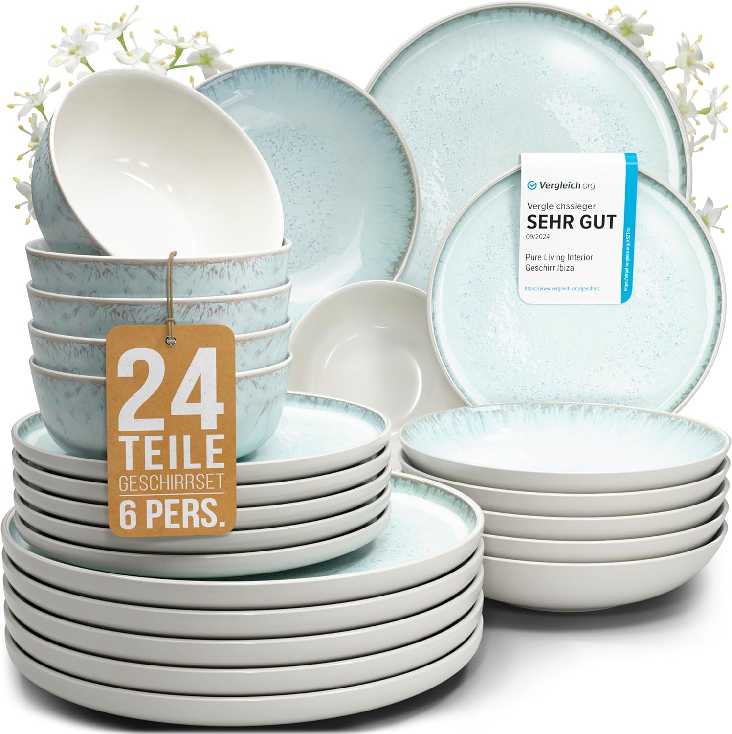 Steingut Geschirrset 6 Personen Ibiza 24 tlg. TESTSIEGER, Traumhaftes Mediterranes Steingut Geschirr Set, Schüssel- und Teller Set, Tafelservice 6 Personen, Geschirrsets Pure Living in Blau-Beige