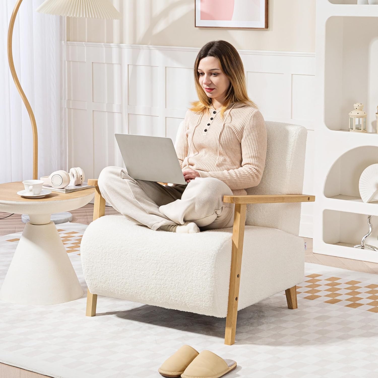 HOMCOM Sessel mit Rückenlehne, Armlehnen, Gepolstert Loungesessel mit Sherpa-Optik, Holzbeine, für Schlafzimmer, Wohnzimmer, bis 120 kg, Cremeweiß