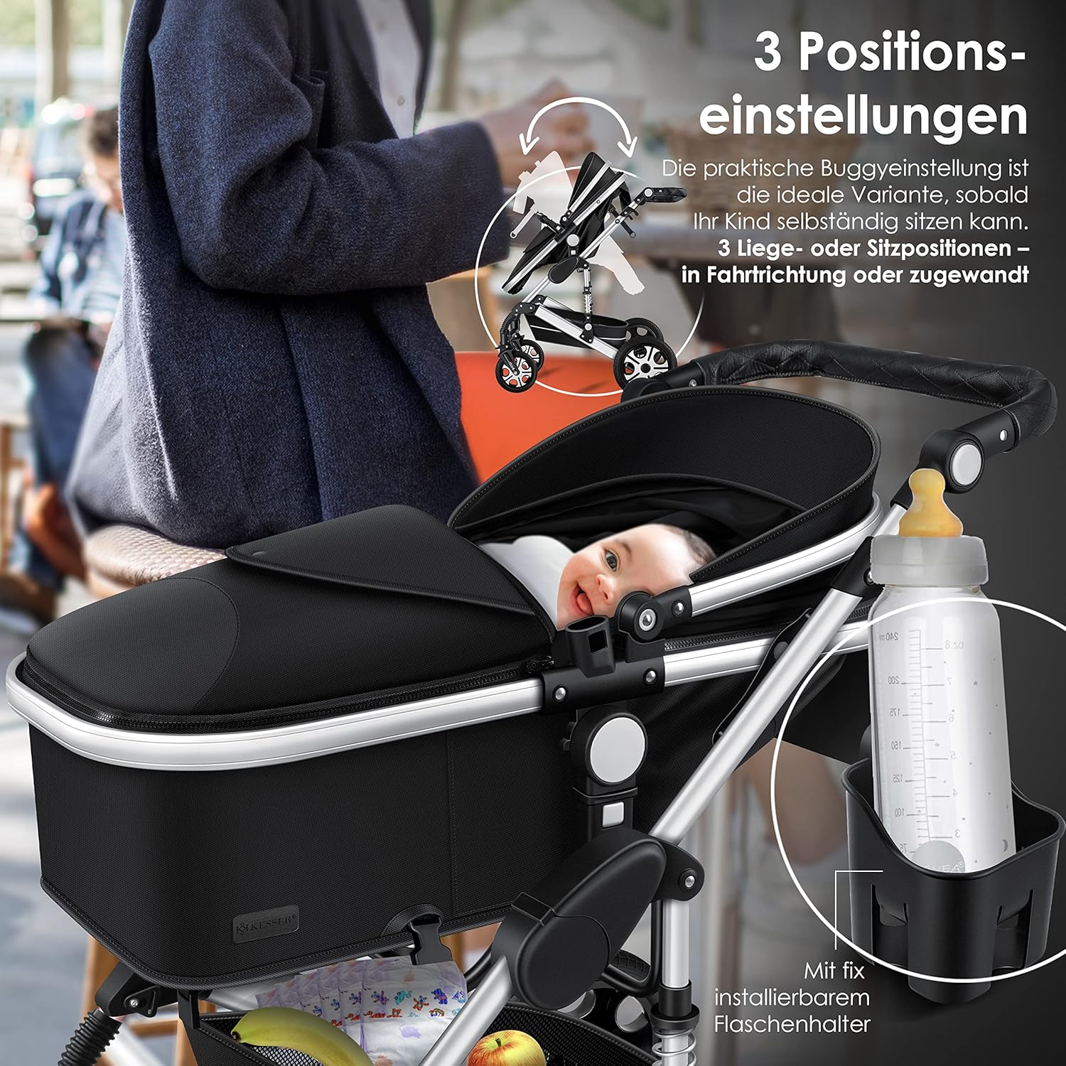 KESSER® Loops 3 in 1 Kinderwagen Kombikinderwagen Komplett-Set inkl. Babywanne & Buggy Sportsitz & Auto-Babyschale Voll-Gummireifen Wickeltasche Regenschutz Kindertisch ECE R129, Schwarz/Champagne