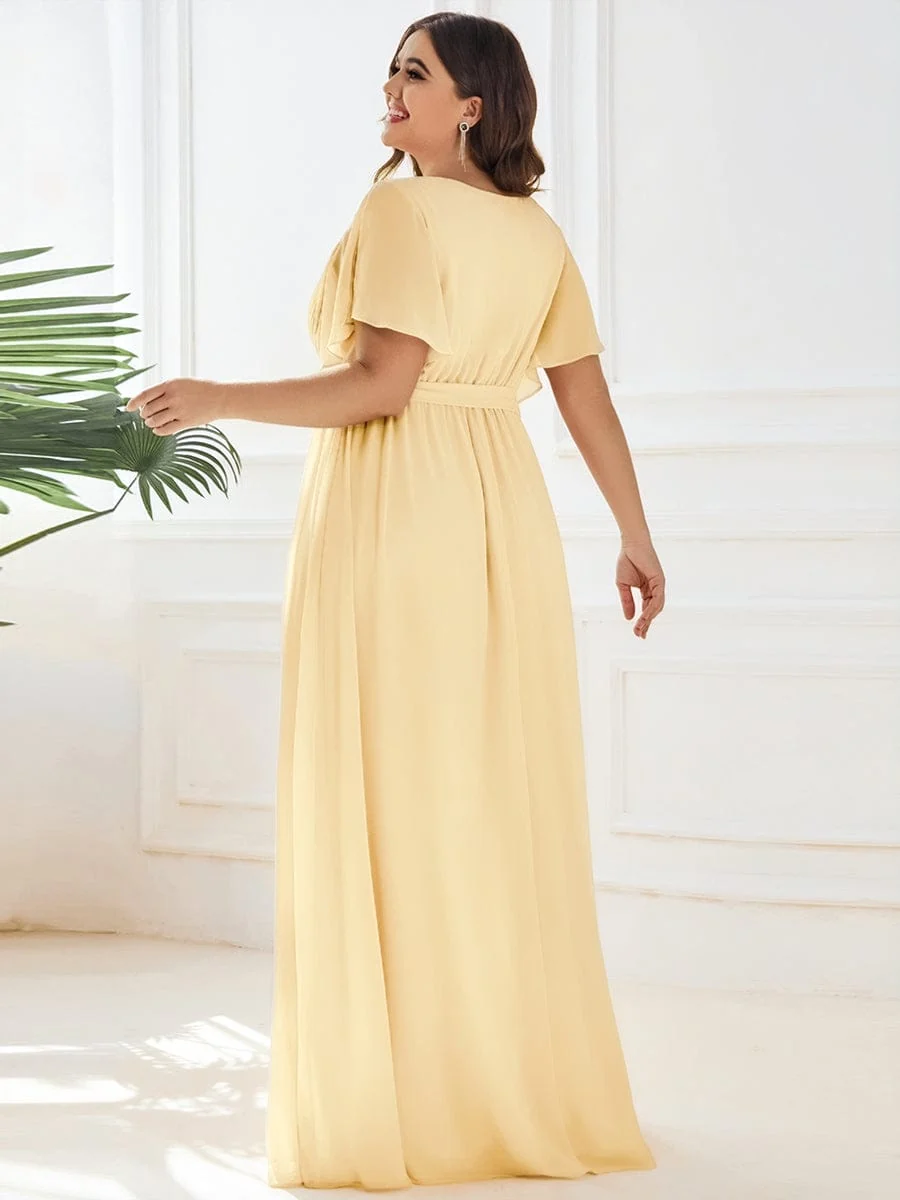 Abendkleid Damen Maxi A-Linie aus Chiffon | Festliches Kleid f��r Hochzeitsg?ste mit V-Ausschnitt und Fl��gel?rmeln