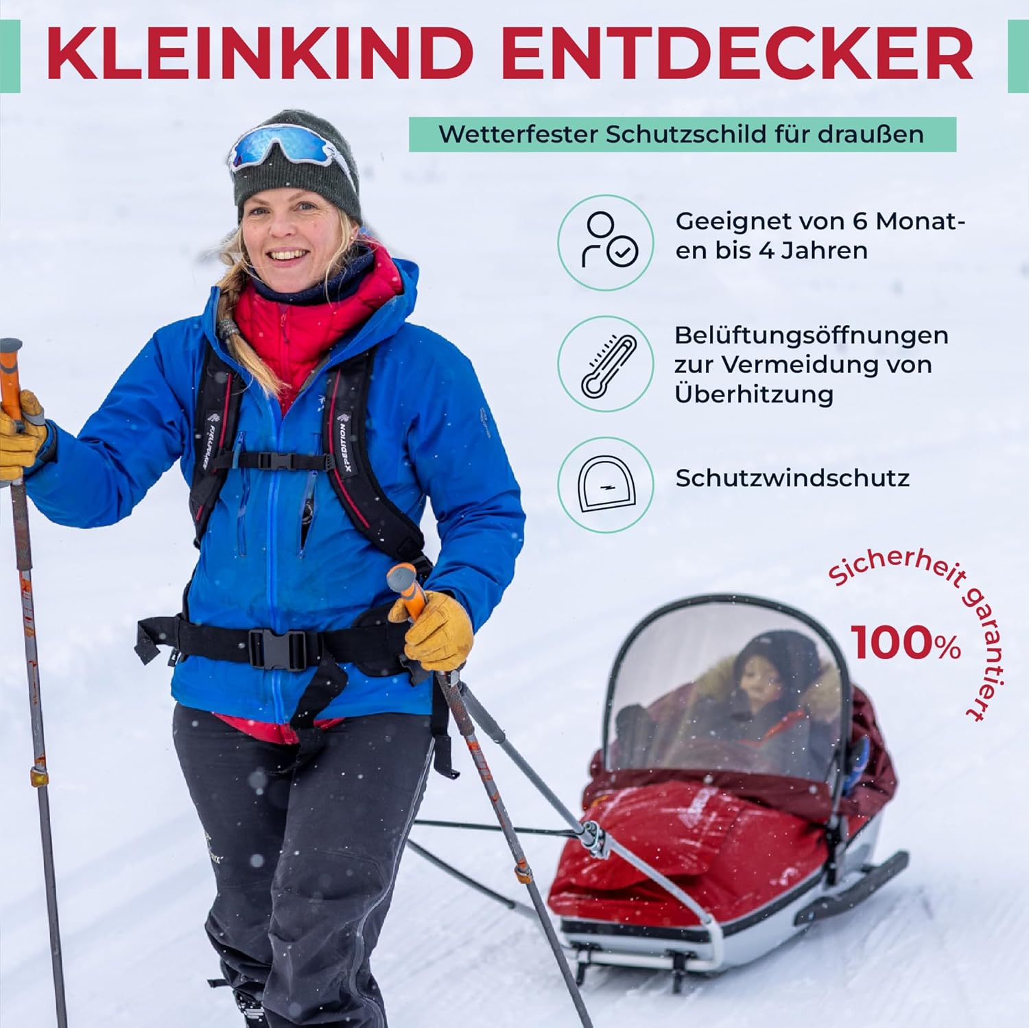 Kinder Pulk Schneeschlitten mit Gurt & Deichsel – Sicherer Premium Winterschlitten für Skifahren, Wandern, Trekking & Freizeit