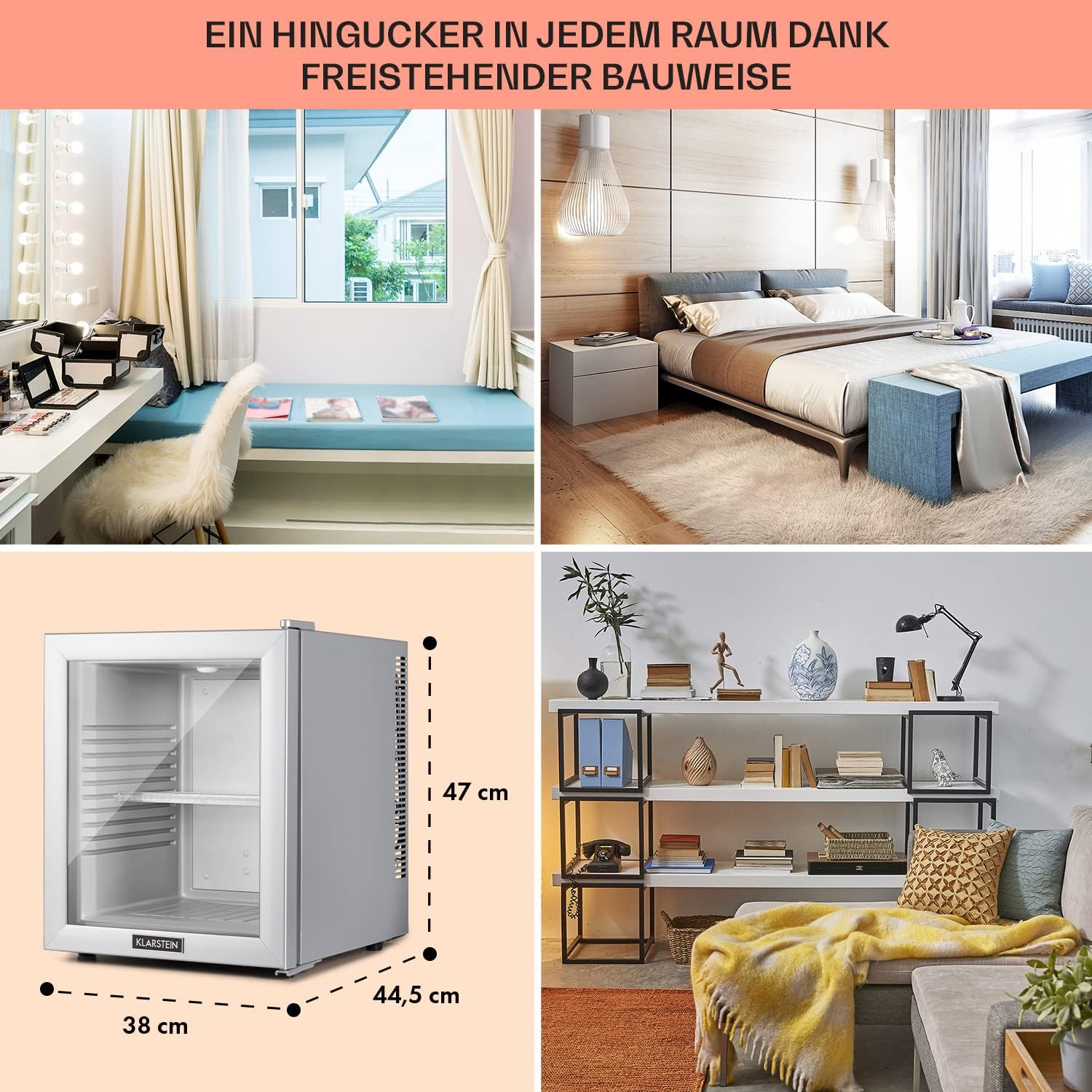 Klarstein Kühlschrank, Mini Kühlschrank mit Glastüre, Mini-Kühlschrank für Getränke, Snacks & Kosmetik, Kühlschrank Klein & Leise, Verstellbare Ablagen, Kleiner Skincare Kühlschrank 12-18°C, 32L