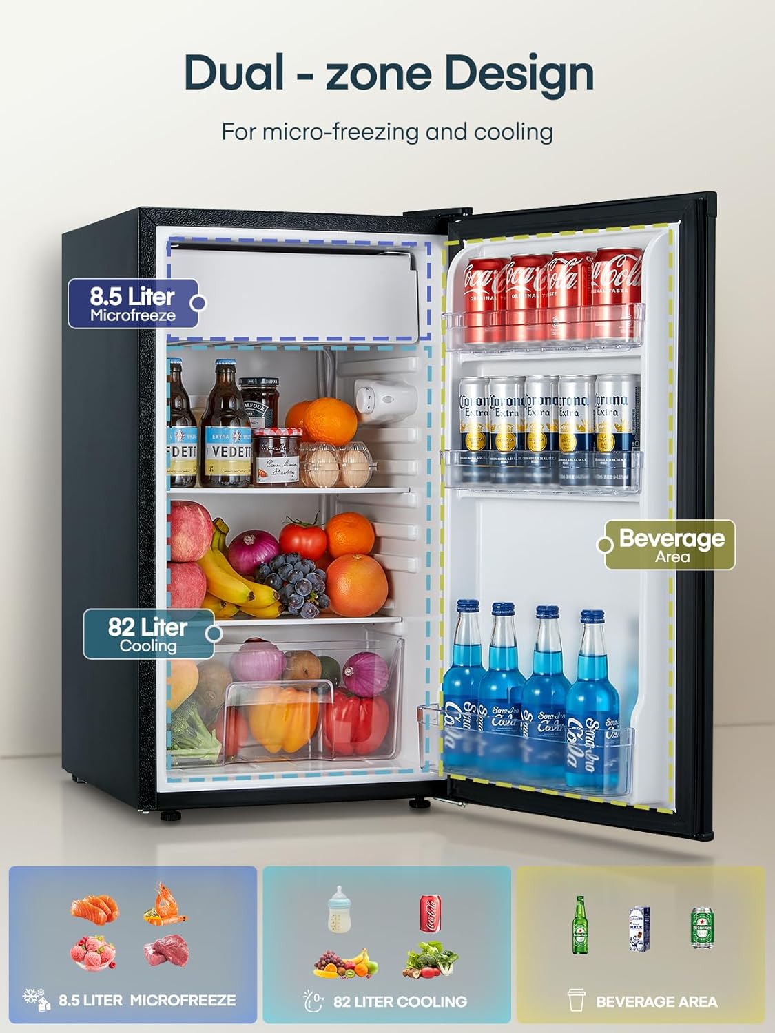 FOHERE 90L Kühlschrank mit Gefrierfach Klein & Gemüsefach | Ultra-Leiser Mini Kühlschrank für Schlafzimmer/Büro | 7-Stufen Thermostat, Energieeffizien | Schwarz