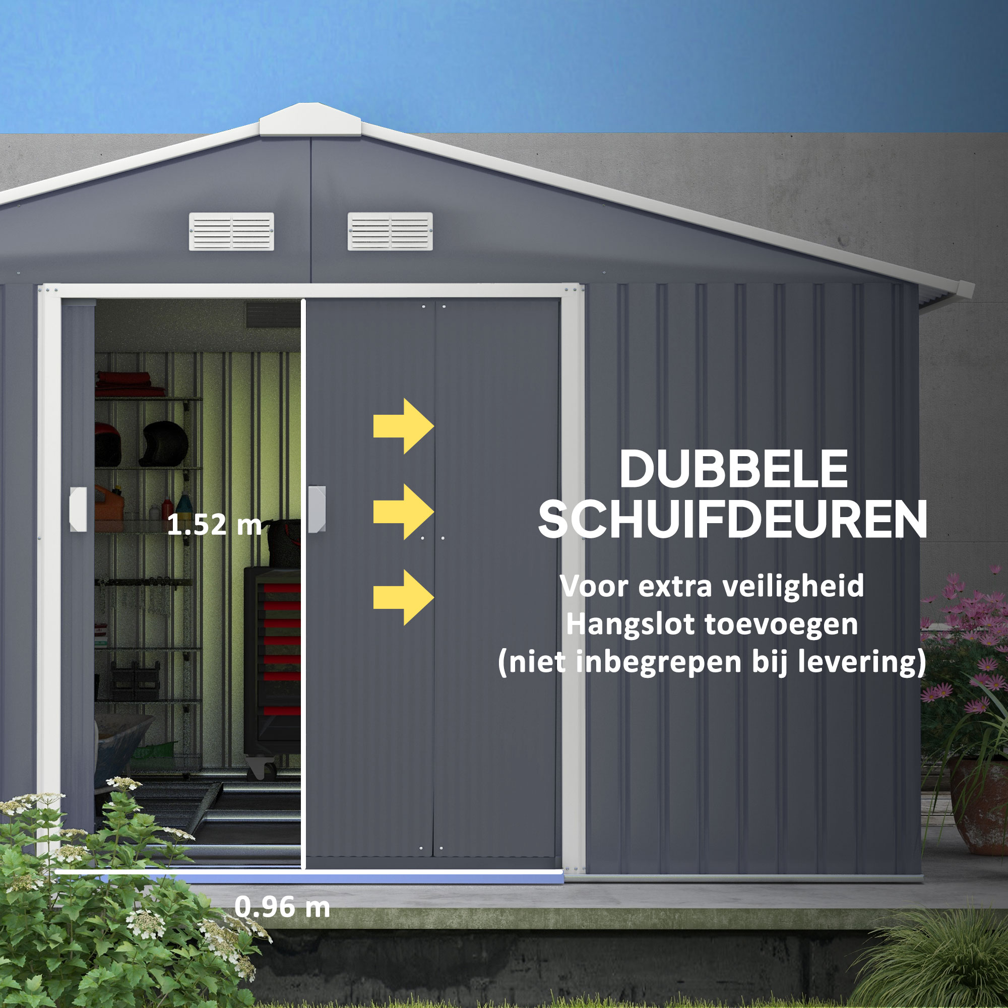Outsunny Gereedschapsschuur met fundering 24,5 m3 gereedschapsschuur tuinhuisje stalen schuifdeur