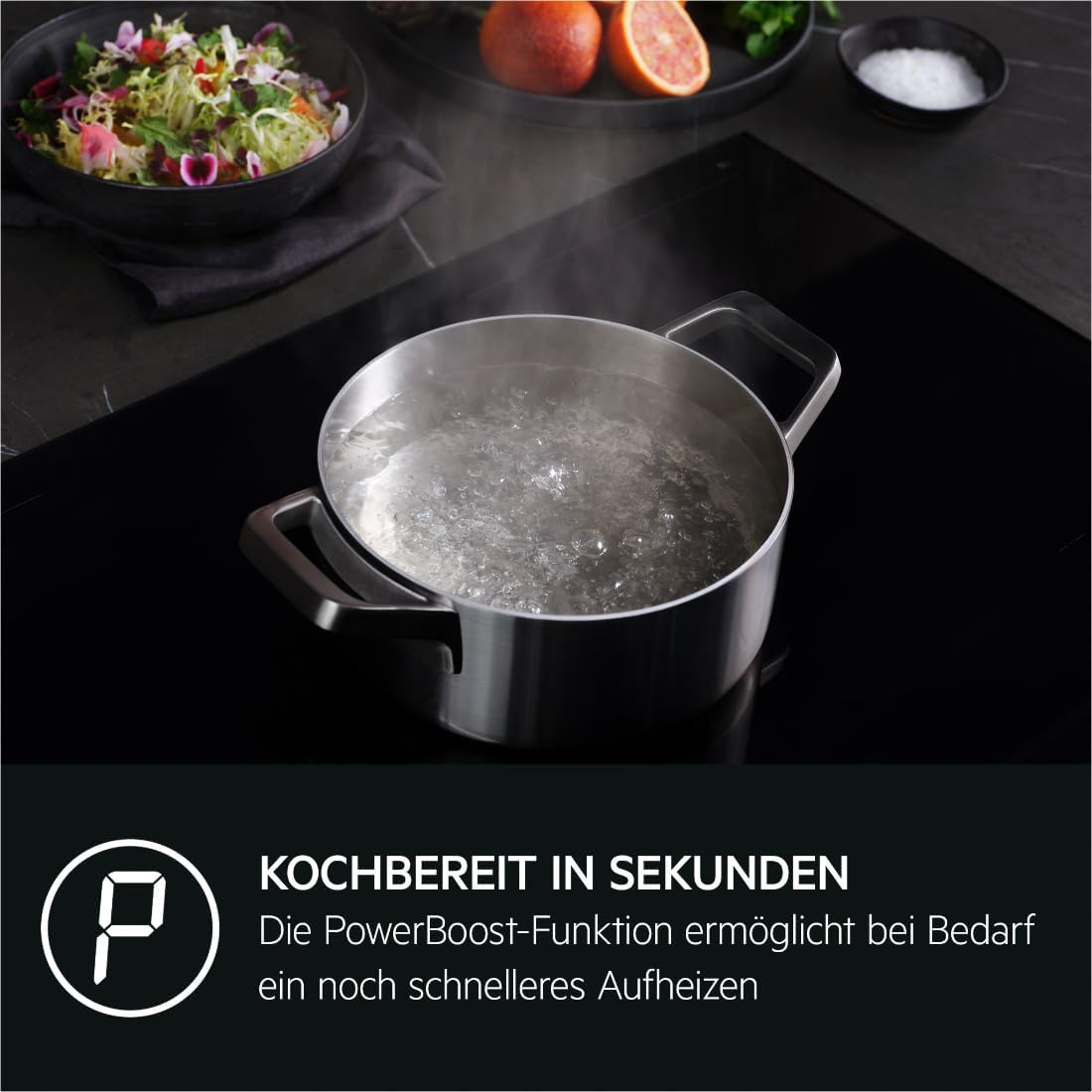 AEG Induktionskochfeld autark 80cm mit Dunstabzug / Made in Germany / 4 Flex-Kochzonen mit Bridge (Kombination 2er Zonen) / Auto-Funktion des Dunstabzugs / Aktivkohlefilter / COLI84COXB