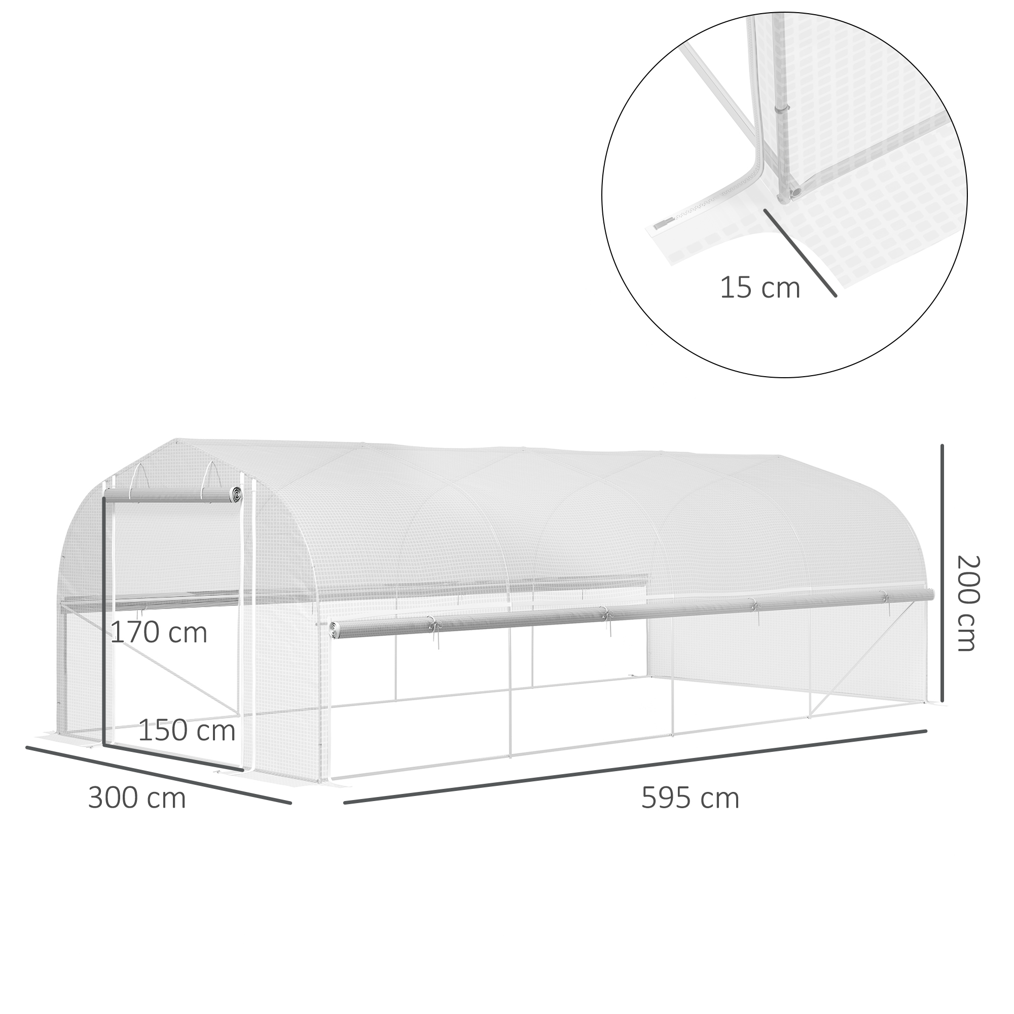 Outsunny 6x3x2m Kas, Toegankelijk, Met 8 Vensters, Deur, Vliegengaas, en Metalen Frame - Wit