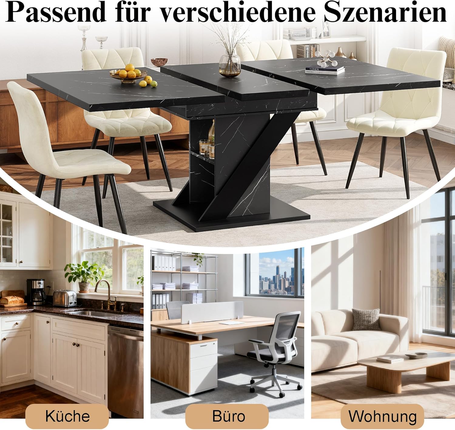 Esstisch Ausziehbar mit Stauraum Tischbeine für 4-6 Personen, Esszimmertische Küchentisch mit Unverwechselbare Muster, Esstisch Holz Esszimmertisch Ausziehbar, 110-140x80x75 cm, Schwarz