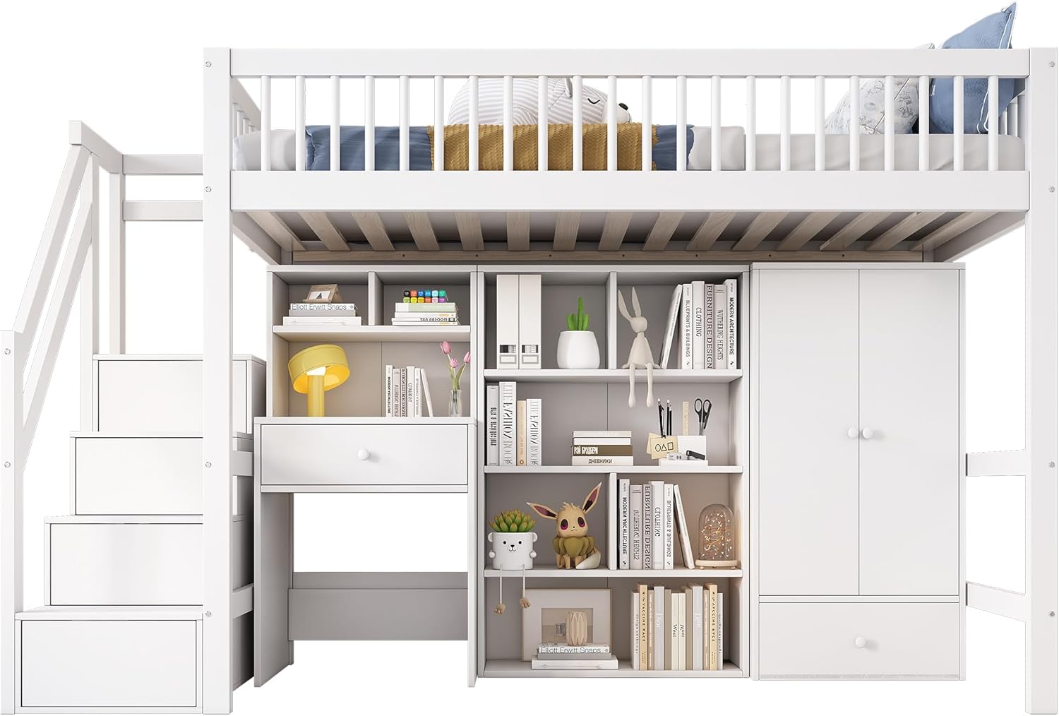 Kinderbett Etagenbett 90x200, Hochbett mit Kleiderschrank&Schließfächern&Schubladen&Schreibtisch&Treppe, Einzelbett Holzbett Jugendbett mit Lattenrost&Rausfallschutz, Massivholz, Ohne Matratze, Weiß