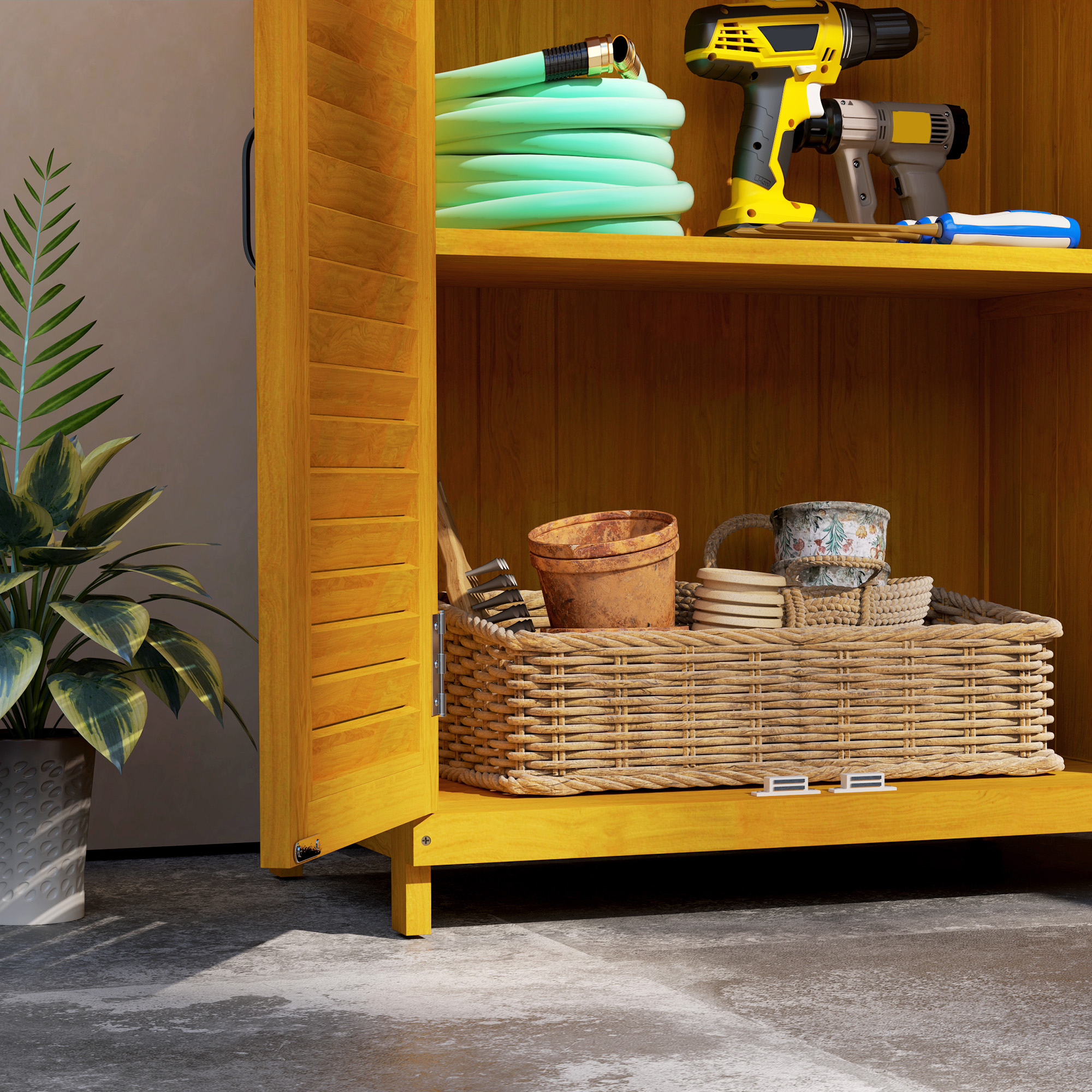 Outsunny Tuinkast van Hout met Werkoppervlak, Weerbestendige Gereedschapskast, 65,5x40x98,5cm Geel