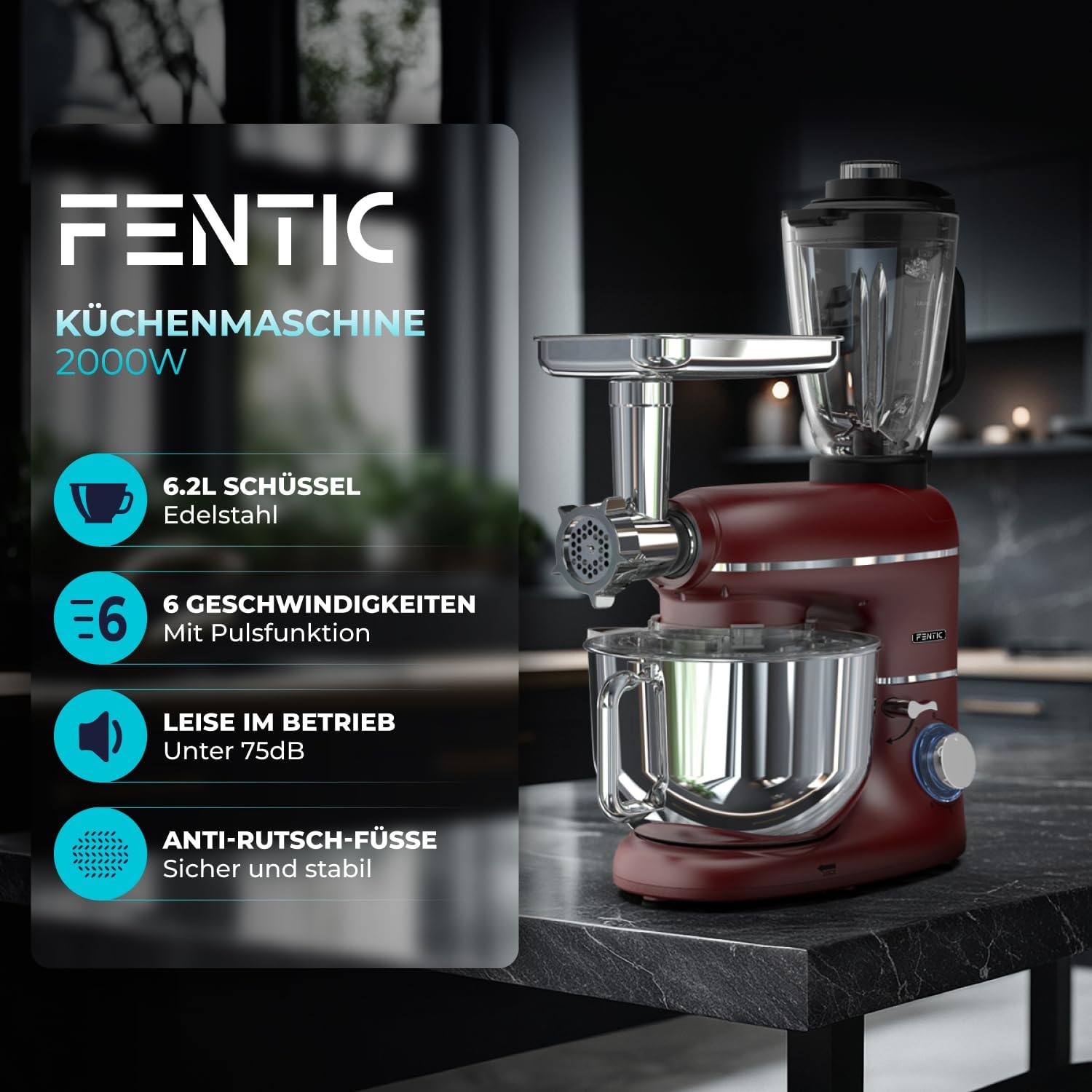 6-in-1 Küchenmaschine – 2000W – Mit Fleischwolf, 1,5L Entsafter, Gemüseschneider und Mehr – Knetmaschine mit 6,2L Rührschüssel, Rührhaken, Knethaken, Schlagbesen und Spritzschutz (Rot)