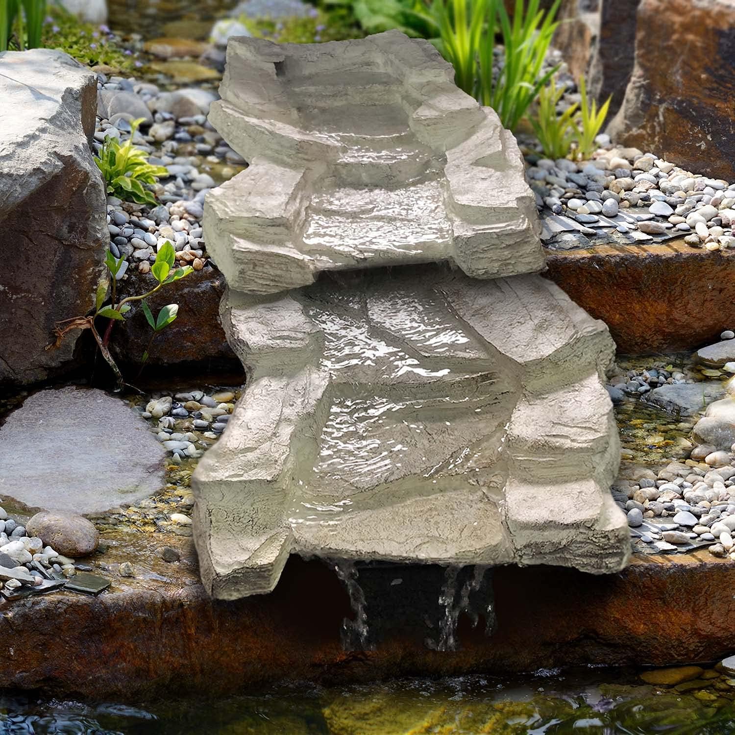 Solar GARTENBRUNNEN Bachlauf QUELLBACH II mit LED-Licht/Hybrid-System, 230V ZIERBRUNNEN VOGELBAD Wasserfall GARTENLEUCHTE TEICHPUMPE - SPRINGBRUNNEN WASSERSPIEL für Garten, Gartenteich, Teich