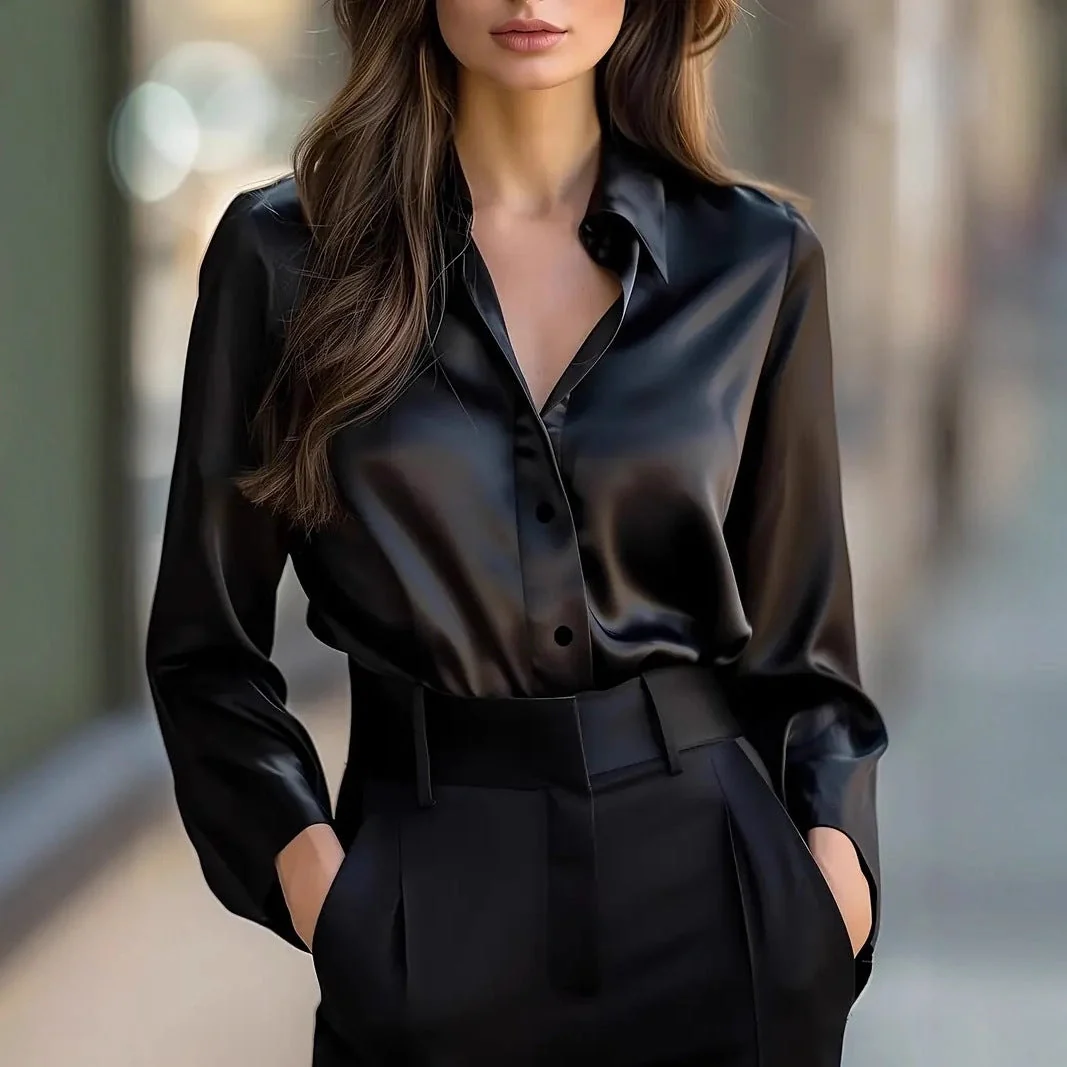 Damen Satin-Bluse mit Knopfleiste und langen ?rmeln