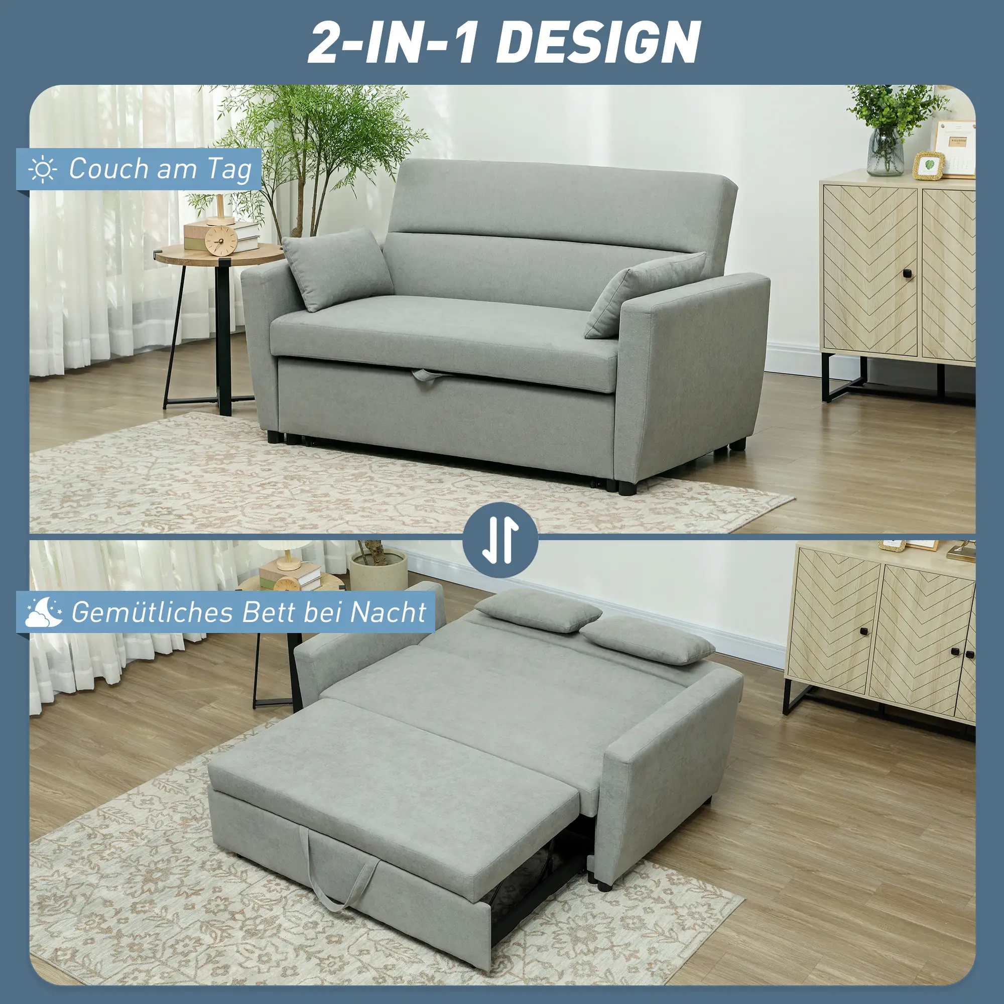 HOMCOM Schlafsofa 2-Sitzer mit Schlaffunktion und Rollen Eukalyptusholz