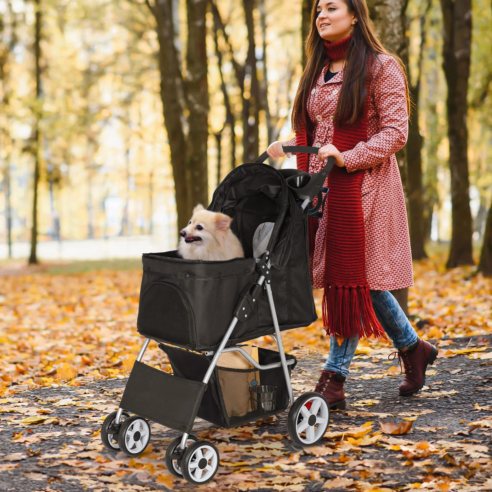 2025 Hondenwagen met 4 Wielen voor Kleine en Middelgrote Honden en Katten, Opvouwbaar, met Opslagmand en Bekerhouder