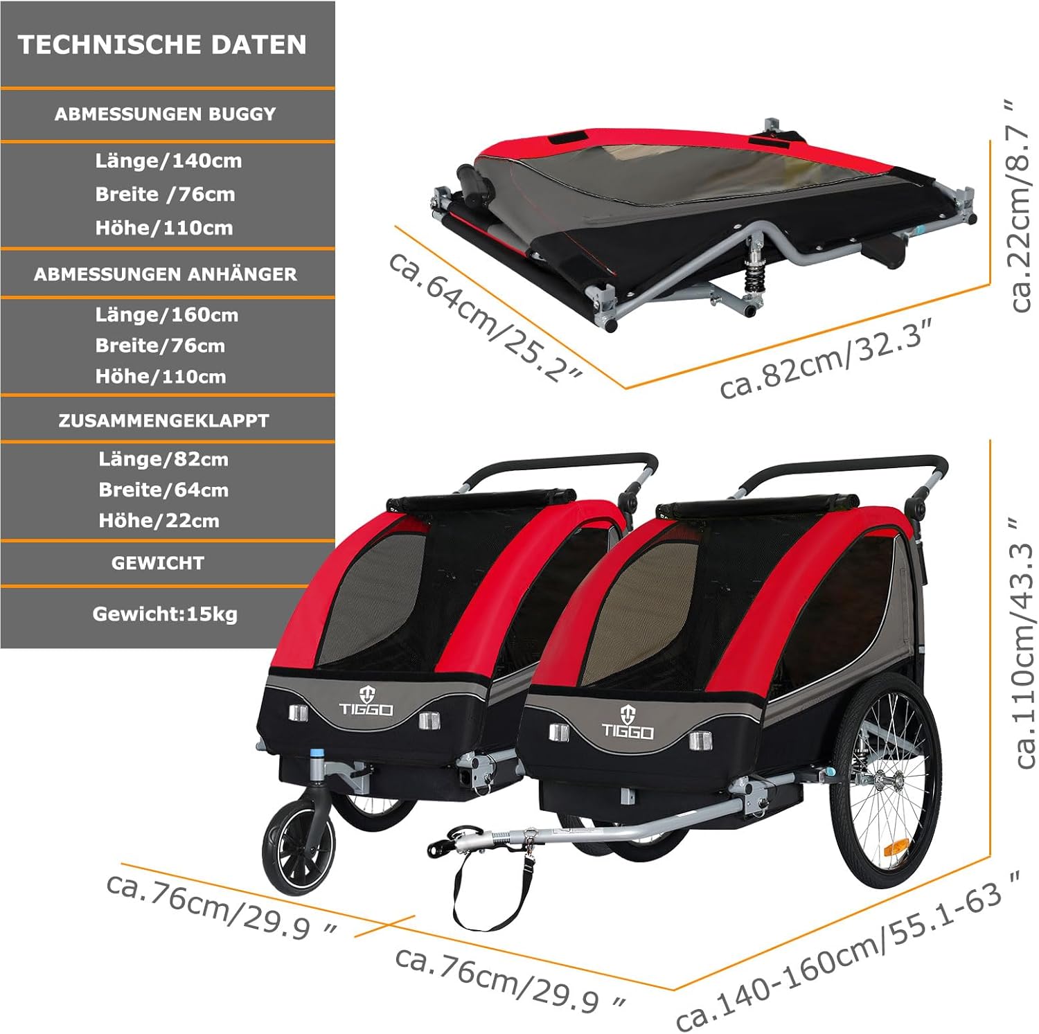 Tiggo S2 Kinderanhänger mit Federung Jogger 2 in 1 Kinder Buggy fahrradanhänger Anhänger 360° Drehbar