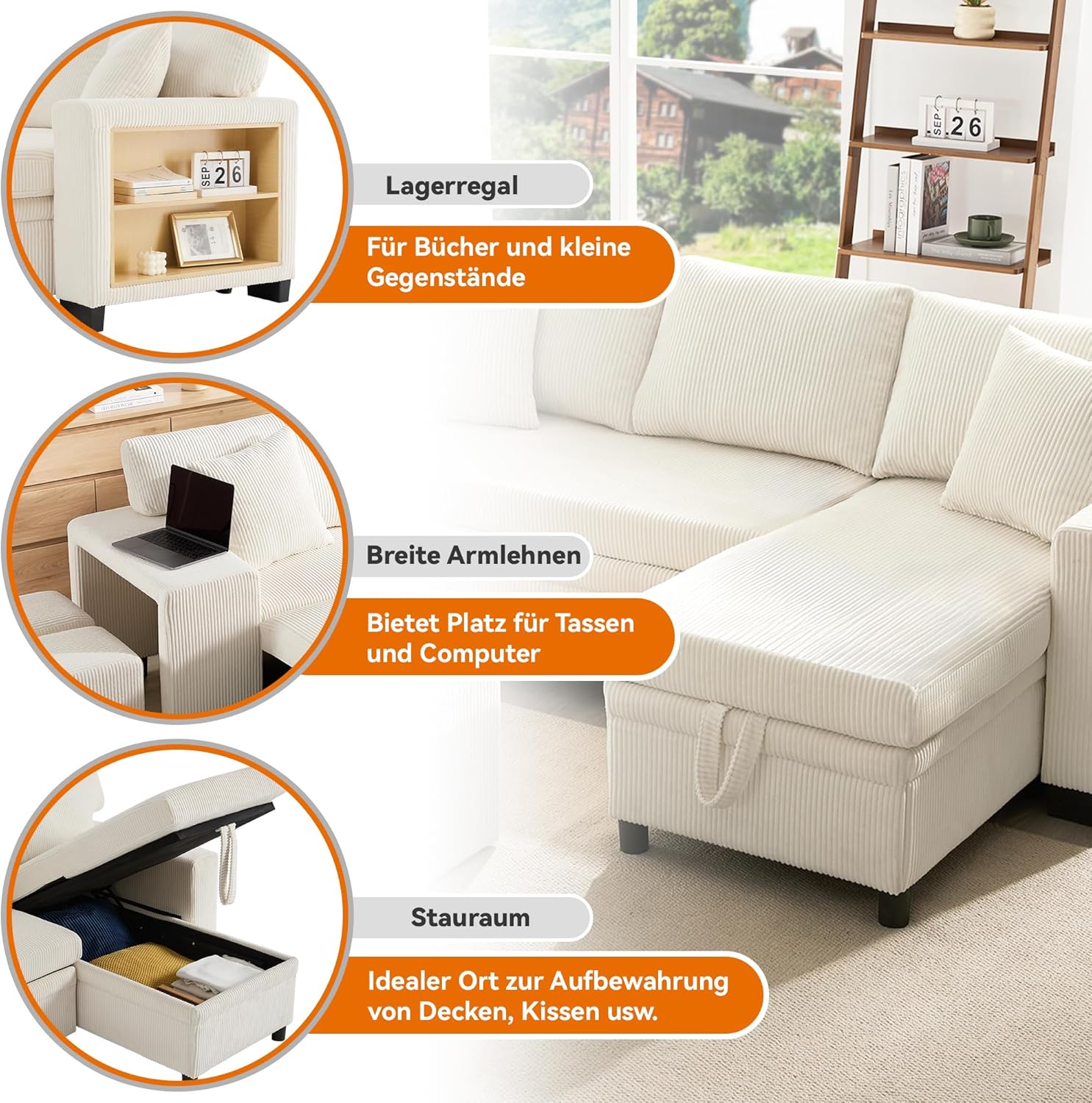 Klappsofa mit Schlaffunktion, L-förmiges umbaubares Ecksofa mit USB-Ladeanschluss und Kissen, 3-Sitzer-Umbausofa mit Seitenablagen und Stauraum