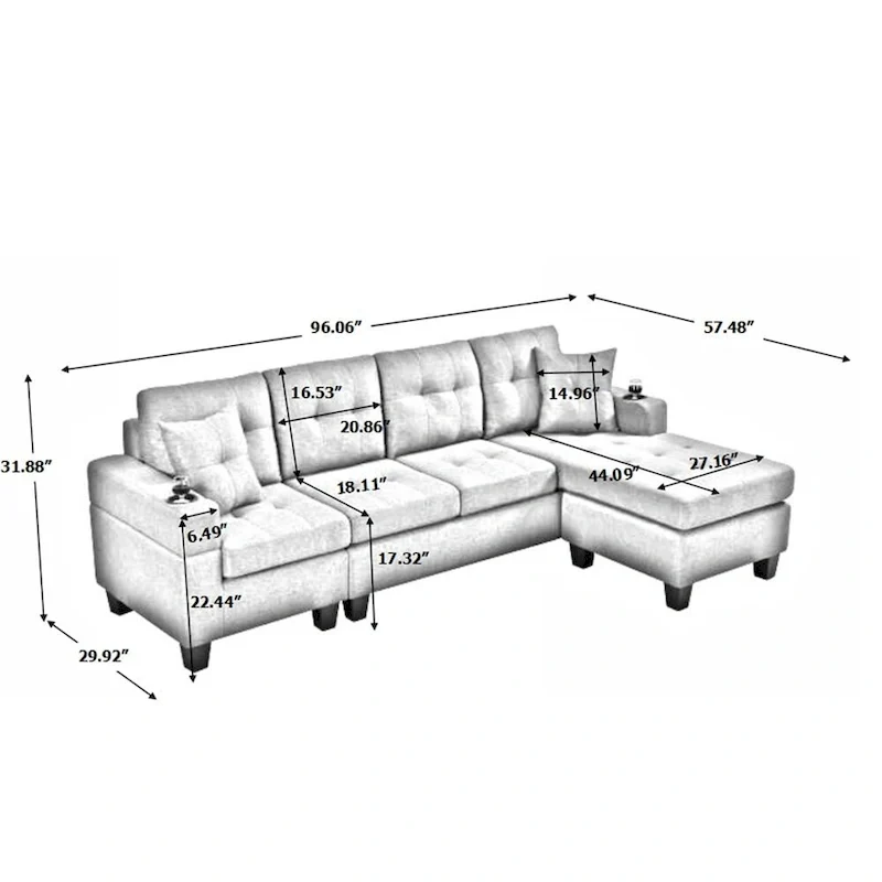 Sectional Sofa Living Room with L Shape Chaise Lounge and cup holder