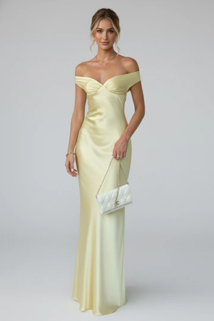Damen-Maxikleid mit schulterfreiem Ausschnitt und tailliertem Oberteil