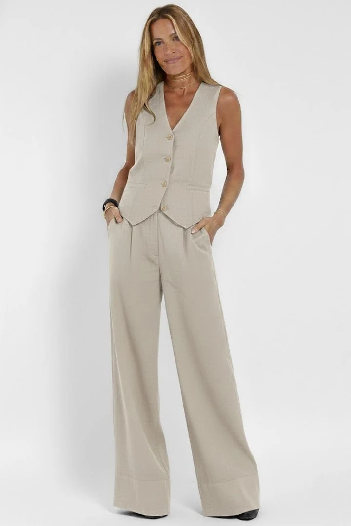 Damen Zweiteiler Set mit Weste und weiter Hose | Klassischer Hosenanzug mit V-Ausschnitt und High-Waist Stoffhose