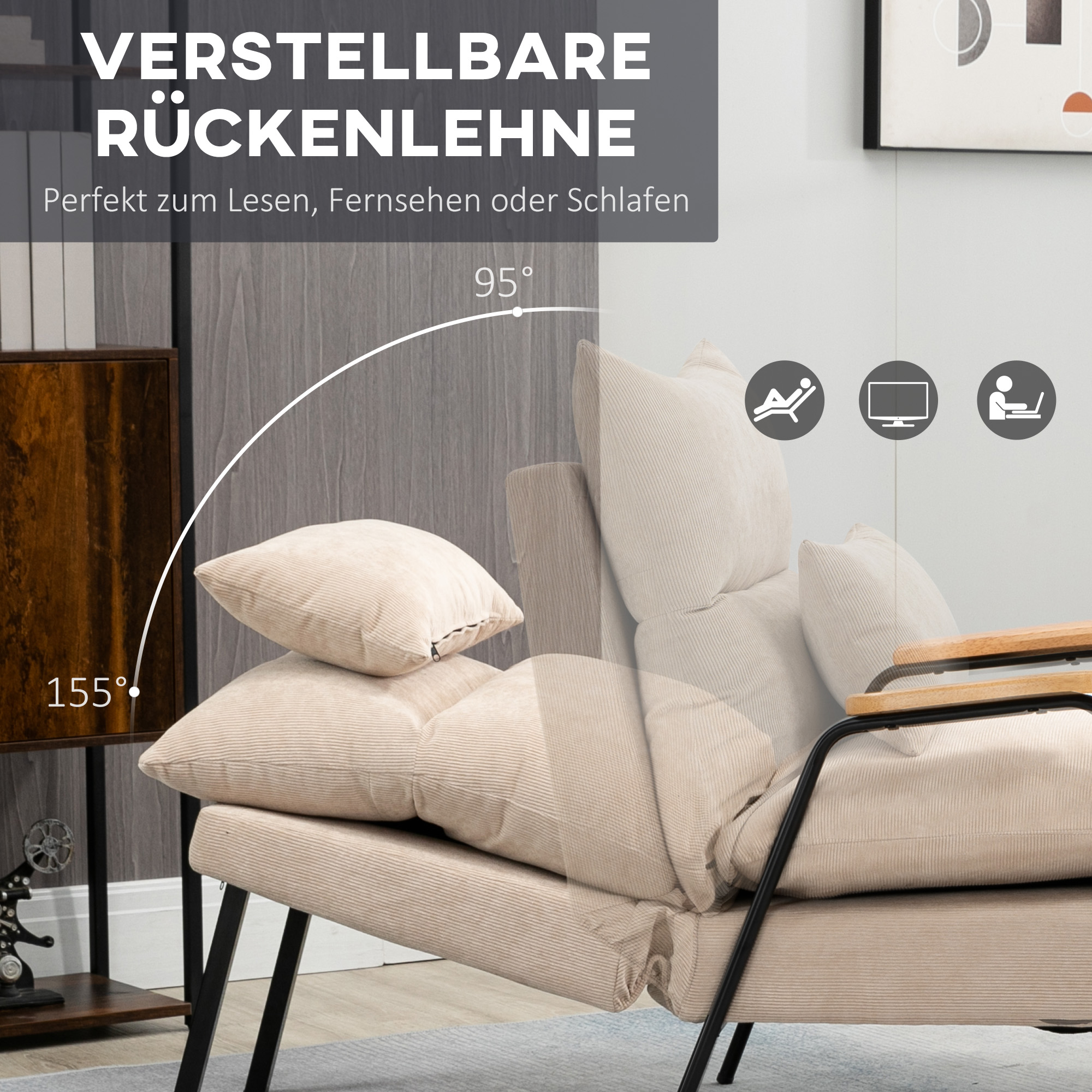 Polsterstoel met Voetenbank, Relaxstoel met Ligfunctie, Polsterstoel, Kussen, TV Stoel, 68 x 91,5 x 88 cm, Beige