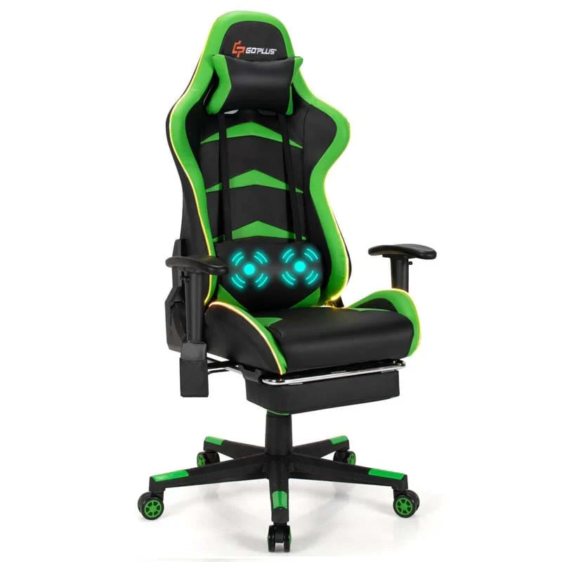 Led Massage Gaming Chair Height Adjustable Racing Computer Office Chair With Footrest Ergonomic High Back Pu Swivel Game Chair - Comfortable And Ergonomic Design