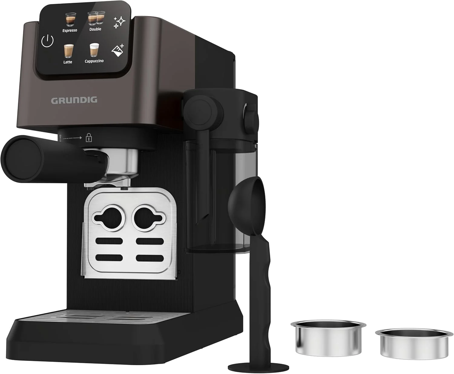 GRUNDIG KSM 5330 Espressomachine met ge?ntegreerd melkreservoir, 1628 W vermogen, 15 bar pompdruk, dubbele tuit, kleuren-touchscreen, BrewSense, CreamyPro, donker inox/zwart