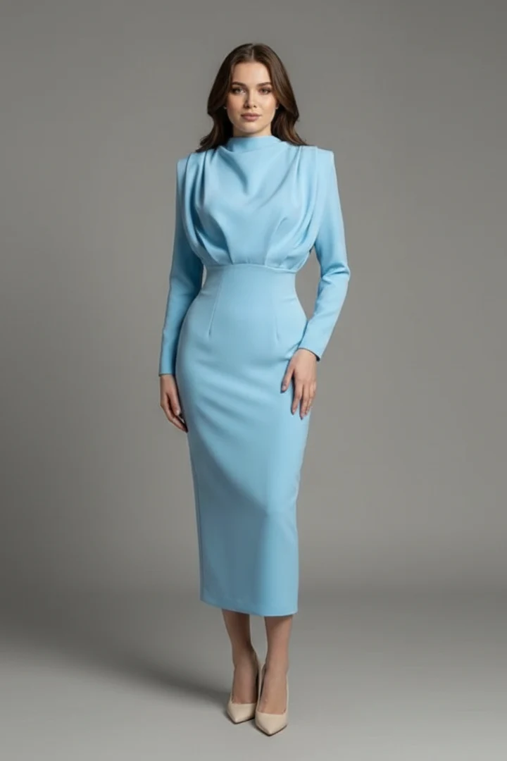 Damenkleid mit hohem Ausschnitt und langen ?rmeln