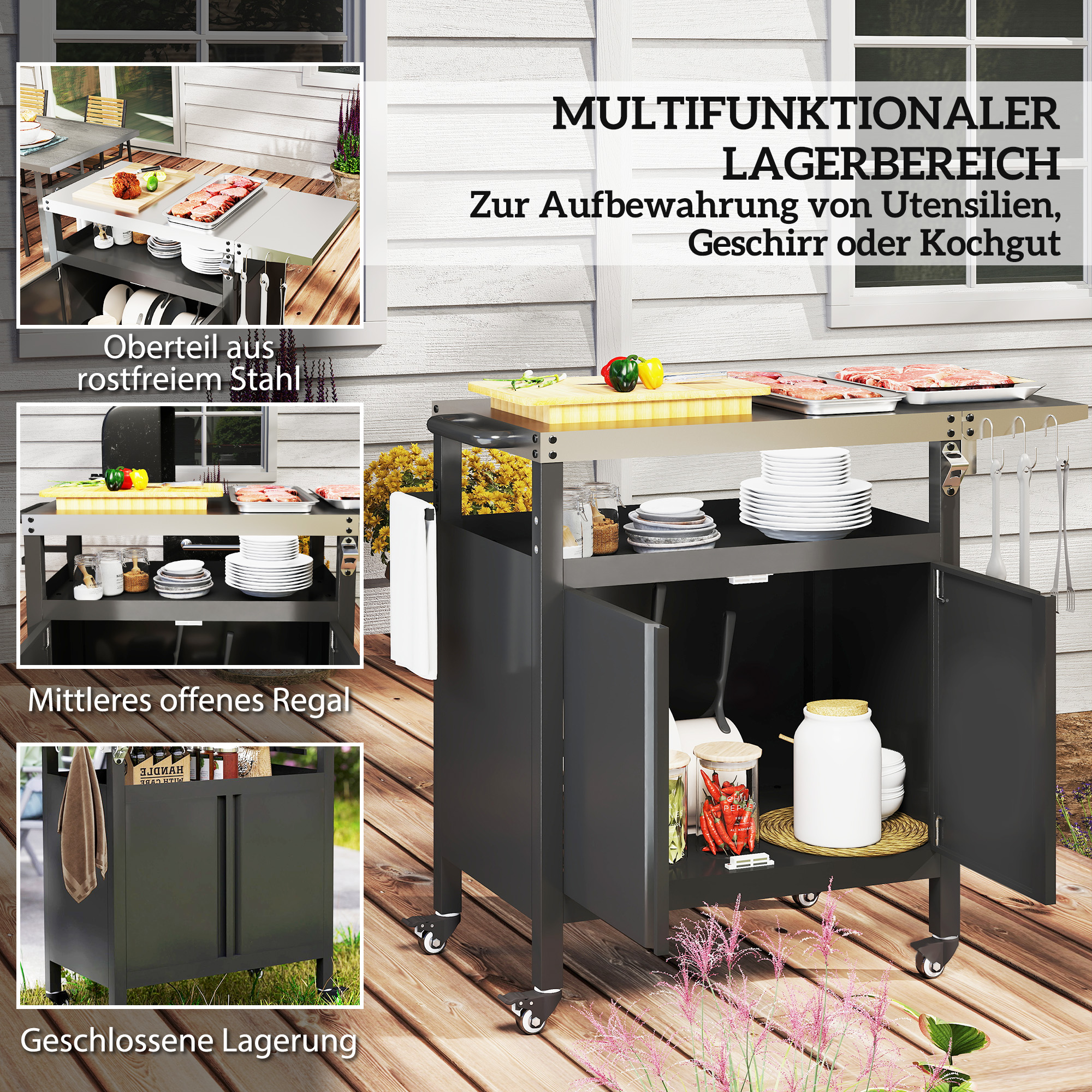 Outsunny Grillwagen met 3 Niveaus Serveerwagen met Werkblad Schrank Haken Wieltjes 116x50x93cm Zwart
