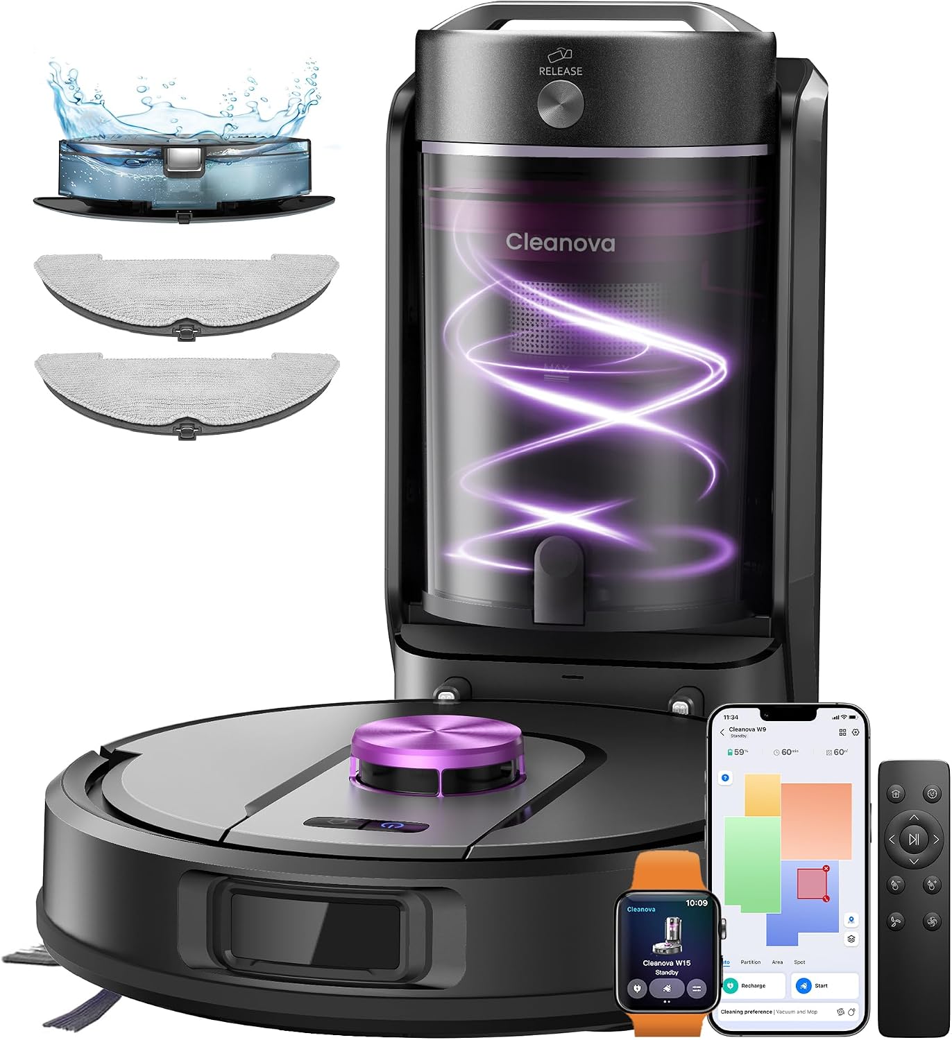 Vexilar W15 Saugroboter mit Wischfunktion, Beutelloser Multi-Zyklon-Absaugstation Staubsauger Roboter, 10000Pa, LiDAR Navigation, 3-in-1 Saug und Wischroboter, 180Min Max, App- & Sprachsteuerung