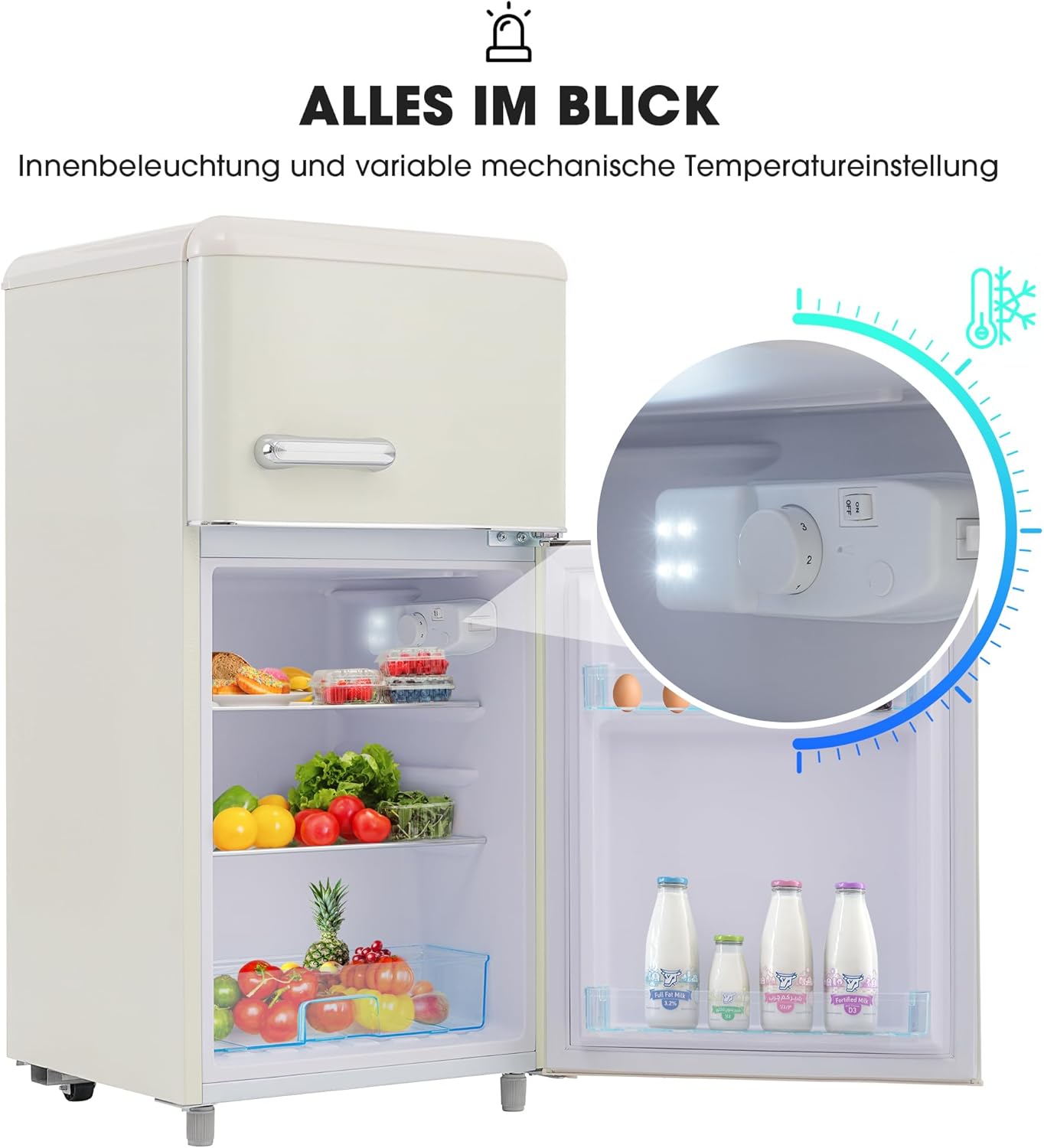 Merax Retro Kühlschrank, Doppeltür, 72L Gesamtvolumen, 21L Gefrierfach, Energieklasse E, 120 kWh/Jahr, LED-Beleuchtung, 3 verstellbare Einlegeböden Weiß