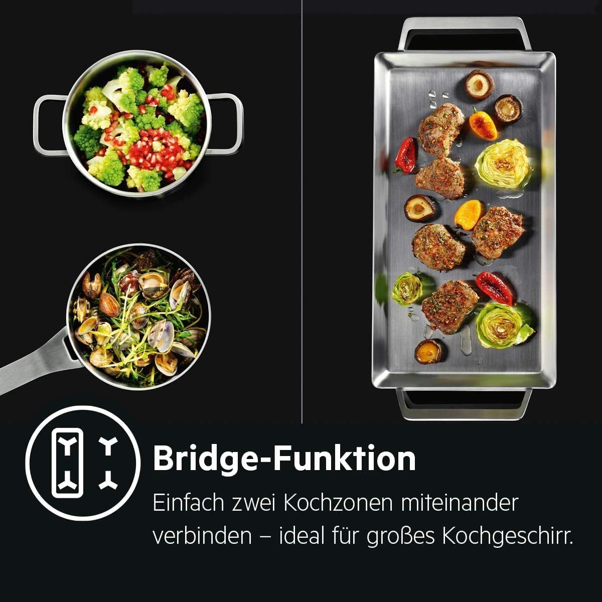 AEG Induktionskochfeld autark 80cm mit Dunstabzug / Made in Germany / 4 Flex-Kochzonen mit Bridge (Kombination 2er Zonen) / Auto-Funktion des Dunstabzugs / Aktivkohlefilter / COLI84COXB
