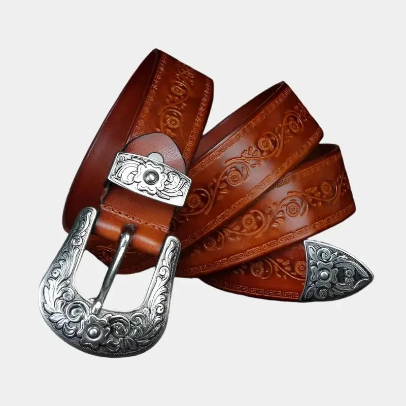 Lederg��rtel Herren im Western-Stil aus Vollleder mit verzierter Schnalle - Robuster Cowboy G��rtel f��r Jeans und Freizeit