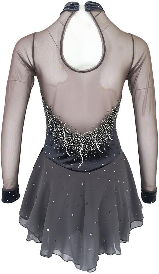 Eiskunstlauf Kleid Frauen Mädchen Eislaufen Kleid Grau Open Back Hohe Elastizität-Training Skating Wear Fest Farbigen Strass Langarm Ice