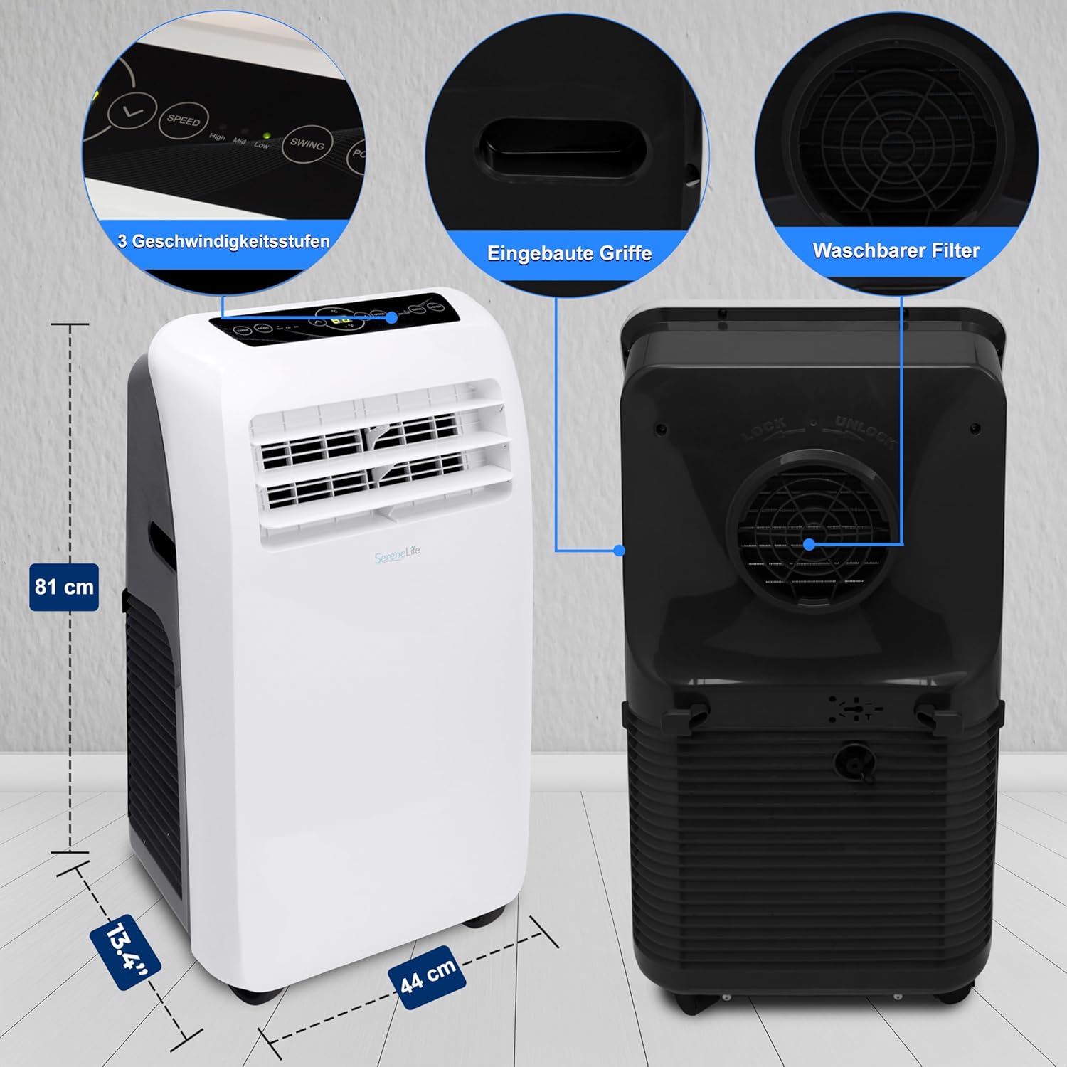 SereneLife Klimaanlage mobil, 3-in-1 mobiles Klimagert mit Abluftschlauch - Luftkühler, Luftentfeuchter & Ventilator, air conditioner 9.000 BTU, 1,5 L Feuchtigkeit/Stunde, kühlt Rume bis 42 m