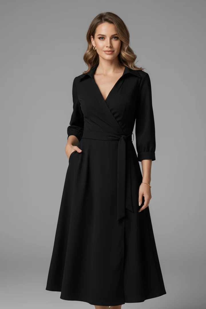 Damen Midi-Kleid mit V-Ausschnitt und Reverskragen | Langarm A-Linien Kleid mit Bindeg��rtel und Schlitz | Klassisches Midikleid