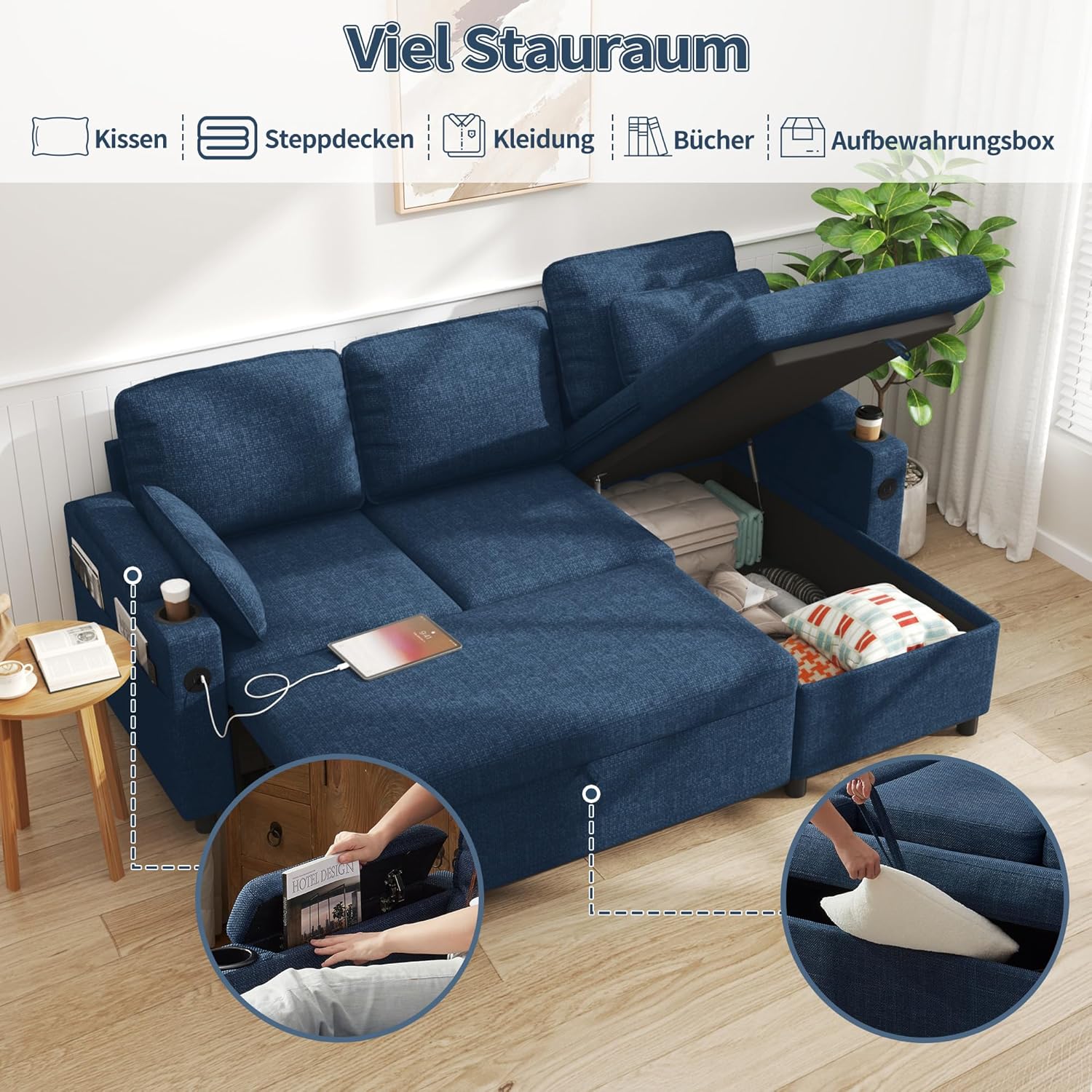 DURASPACE Schlafsofa Ausziehbare Schlafcouch 2-in-1-Wandelbares Ecksofa mit Stauraum, L-förmiges Ecksofa für kleine Räume, Wohnzimmer, Wohnung (Blau)