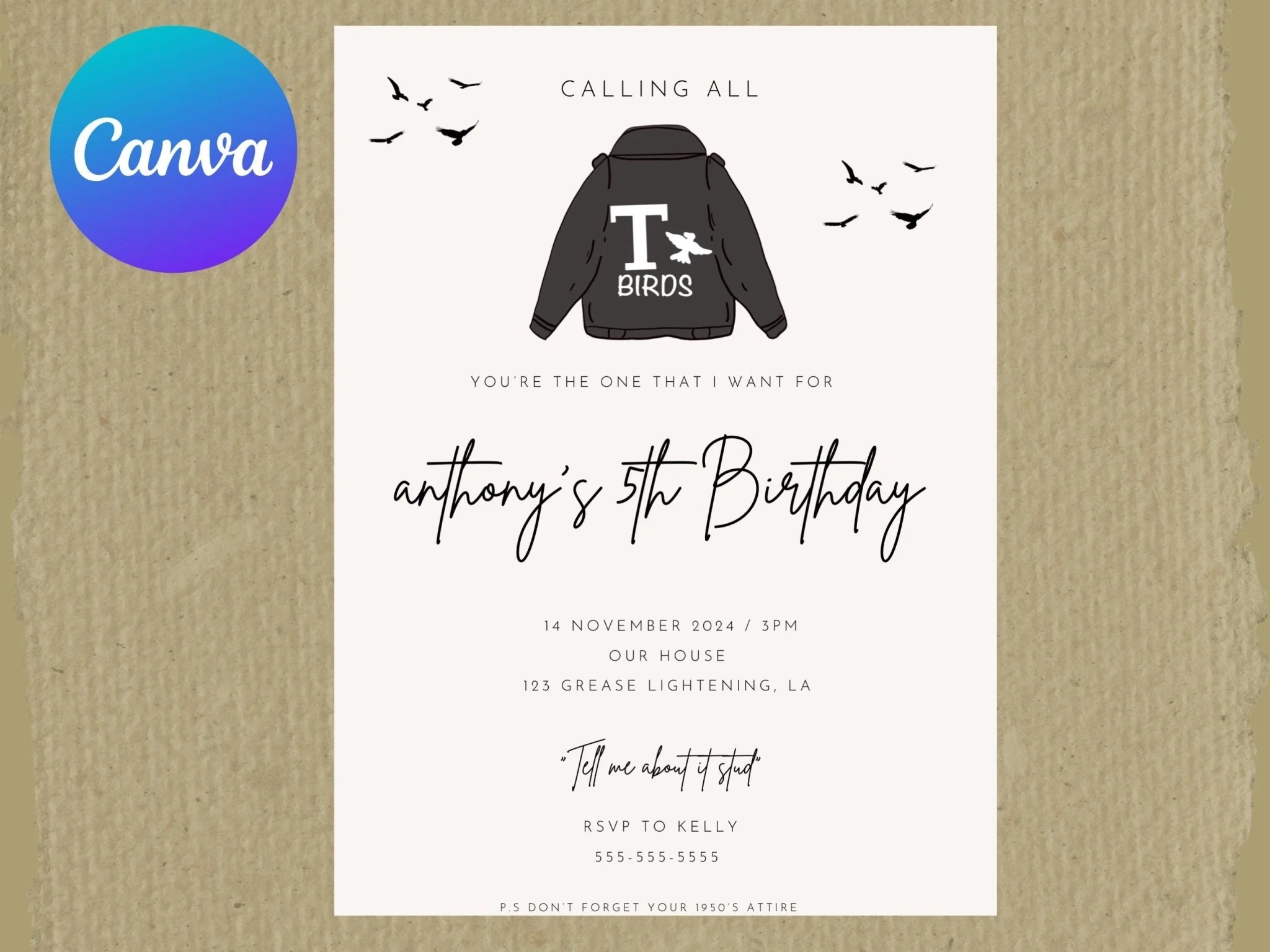 Grease Birthday Invitation, T-Birds Invitation, children's birthday invitation, 1950's theme, boys birthday invitation, 5th birthday