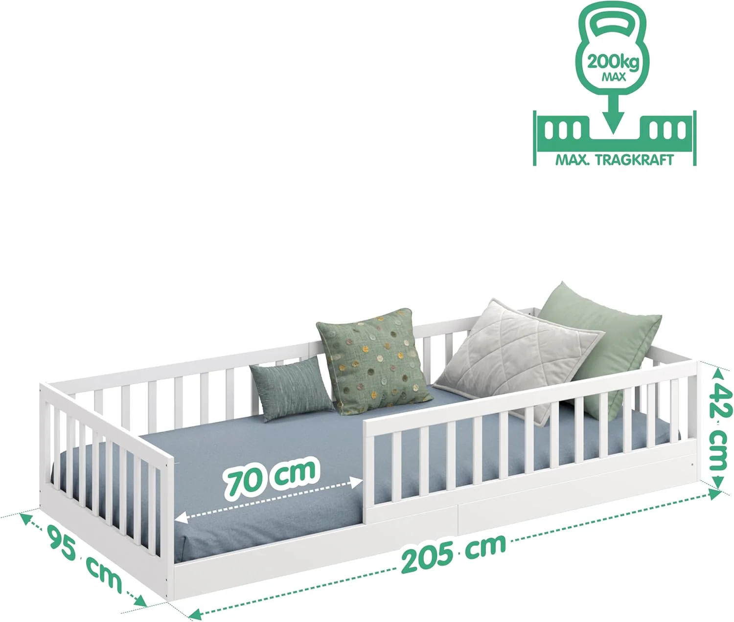 CADANI Timi 2-in-1 Vloerbed 140x200 cm Montessori Kinderbed met uitneembare valbeveiliging incl. lattenbodem, massief grenenhout, wit - 3 opbouwmogelijkheden, belastbaar tot 200 kg, ombouwbaar