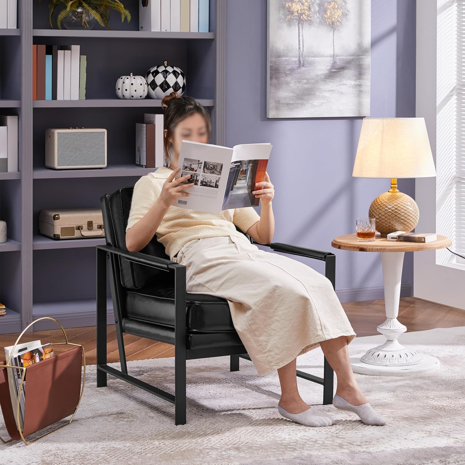 Yaheetech Sessel 2er Set Retro Loungesessel aus Kunstleder, Relaxsessel mit Rückenlehne, Einzelsessel mit Metallrahmen, für Wohnzimmer/Empfangsraum/Büro, Schwarz