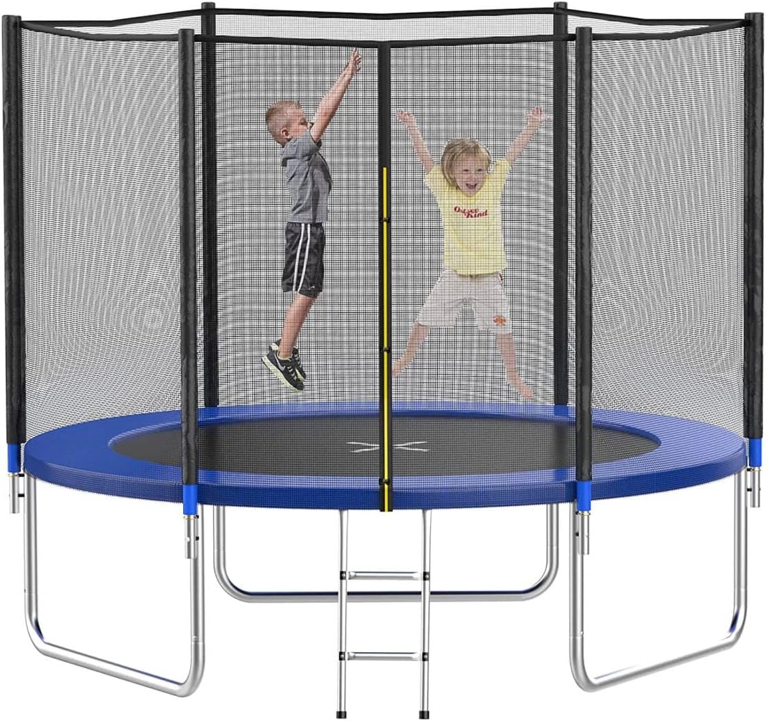 AOTOB 8FT 10FT 12FT 14 FT 15FT Trampoline with Safety Enclosure Net，Outdoor Trampoline with Basketball Hoop, Heavy Duty Jumping Mat and Spring Cover Padding for Kids and Adults, Storage Bag and Ladder