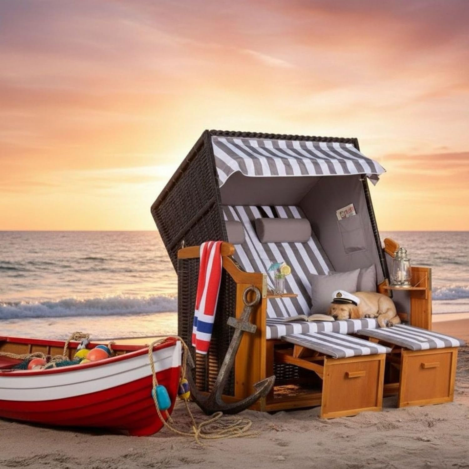 Strandkorb Ostsee Volllieger 2-Sitzer | PE Geflecht Schwarz Bezug Uni grau | inkl. 4 Kissen & Klapptisch | Strandstuhl verstellbar | Strandkörbe Hartholz Fußablage (Dessin Grau Weiß)
