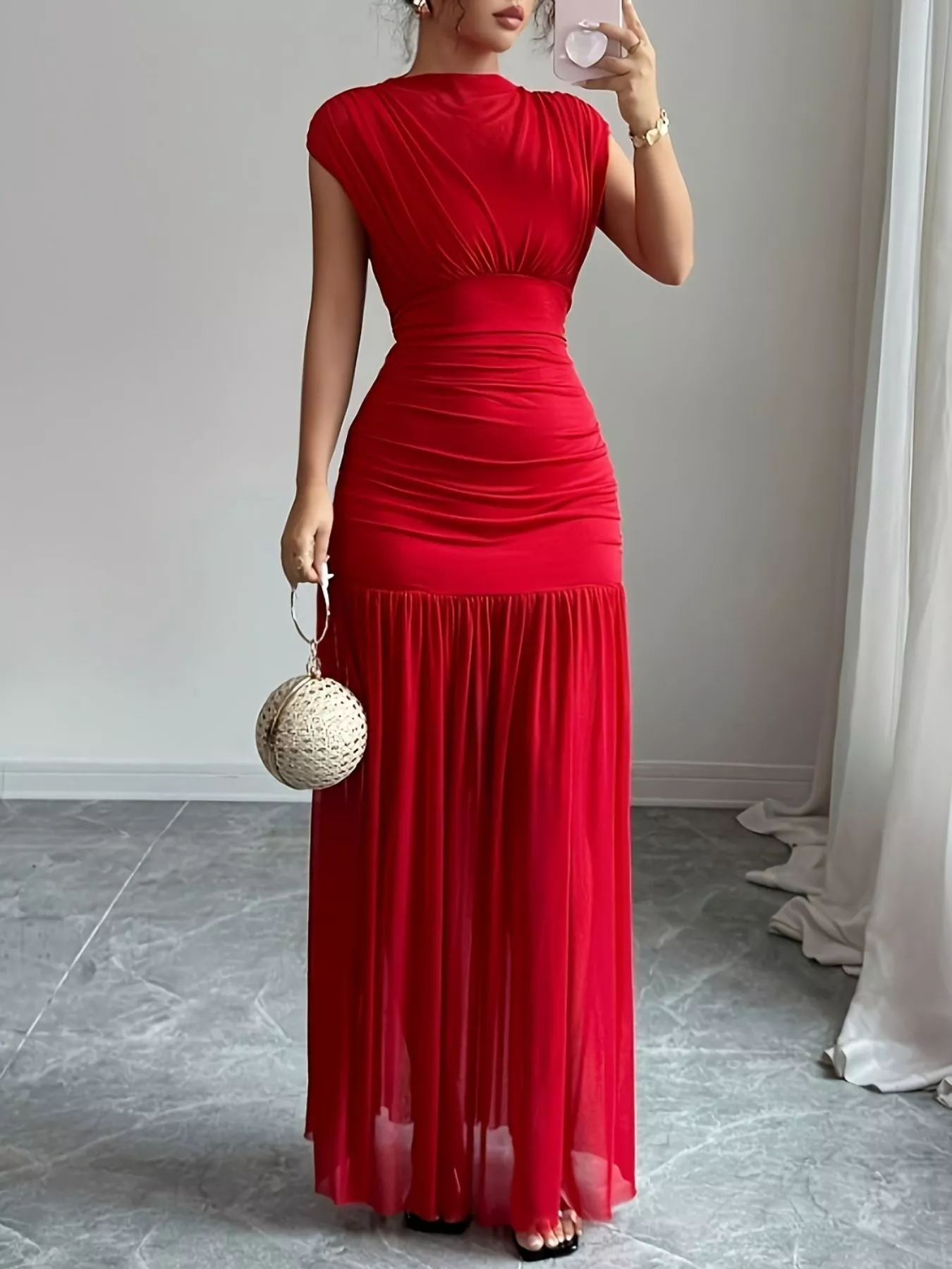 Ruched Cap Sleeve Maxi Dress