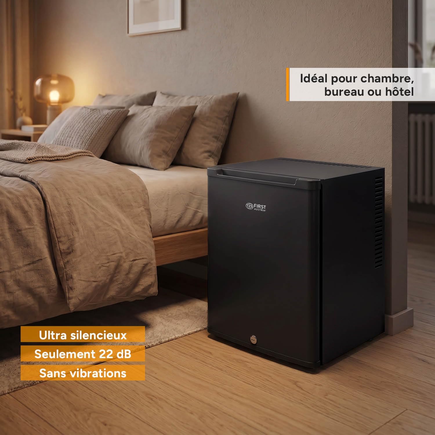 TZS First Austria - Mini réfrigérateur 40L silencieux - Petit mini-frigo avec porte réversible et lumière intérieure - Minibar pour camping, bureau, chambre & hôtel - Noir mat
