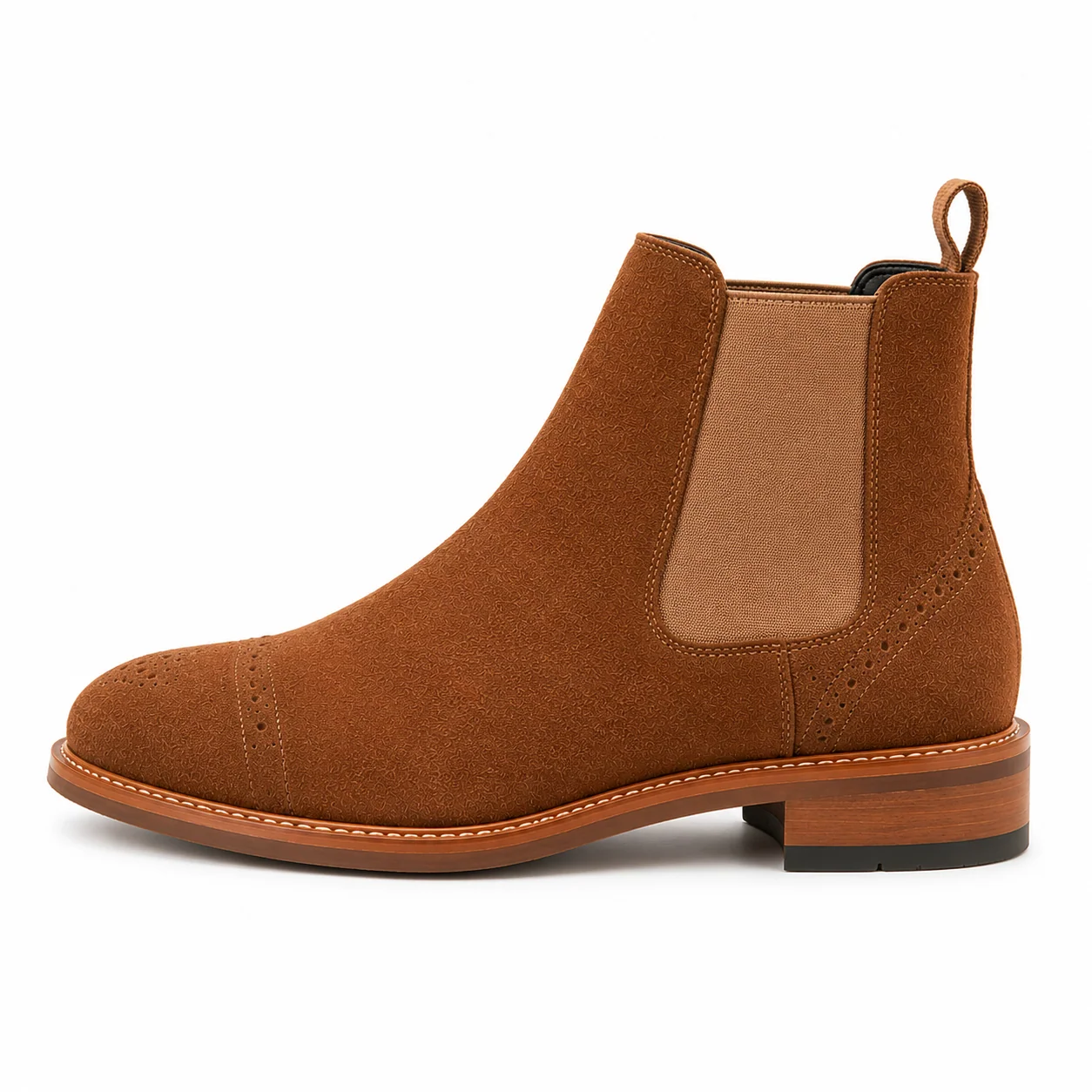 Men��s Tan Suede Chelsea Boots �C Brogue Cap Toe Design