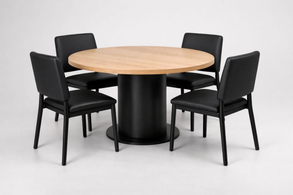 Round Wood Dining Table Set with 4 Black Faux Leather Chairs