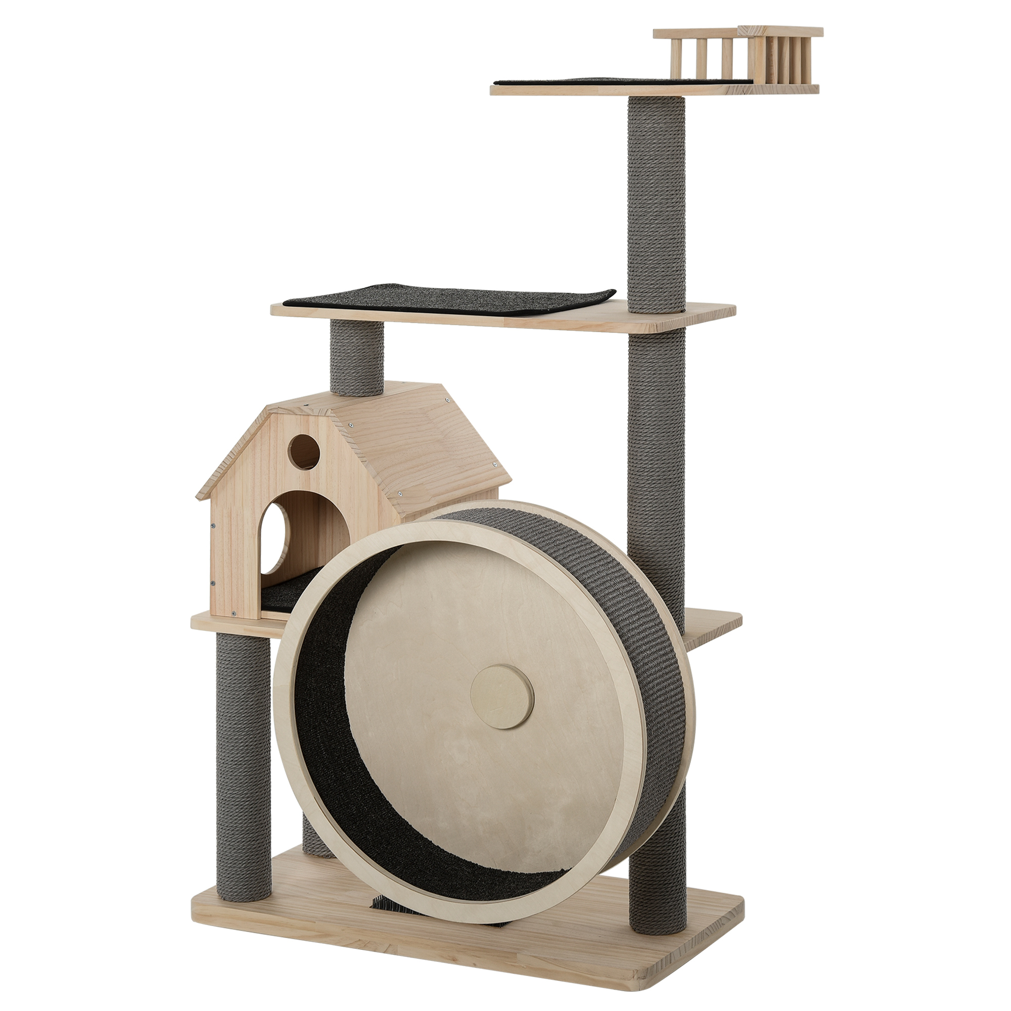 Kattenboom met loopwiel krabpaal met 4 verdiepingen kattenhuis met sisalpalen massief hout