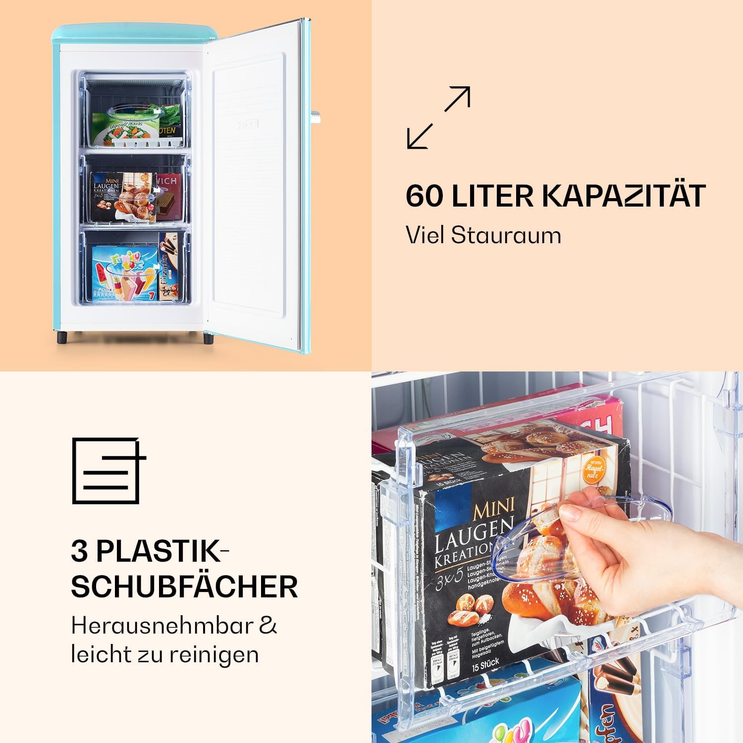 Klarstein Laika Gefrierschrank - 60 Liter Gesamtvolumen, Thermostat mit 5 Stufen, 0 bis -18 °C, 3 Einschübe, freistehend, Retro-Design, blau