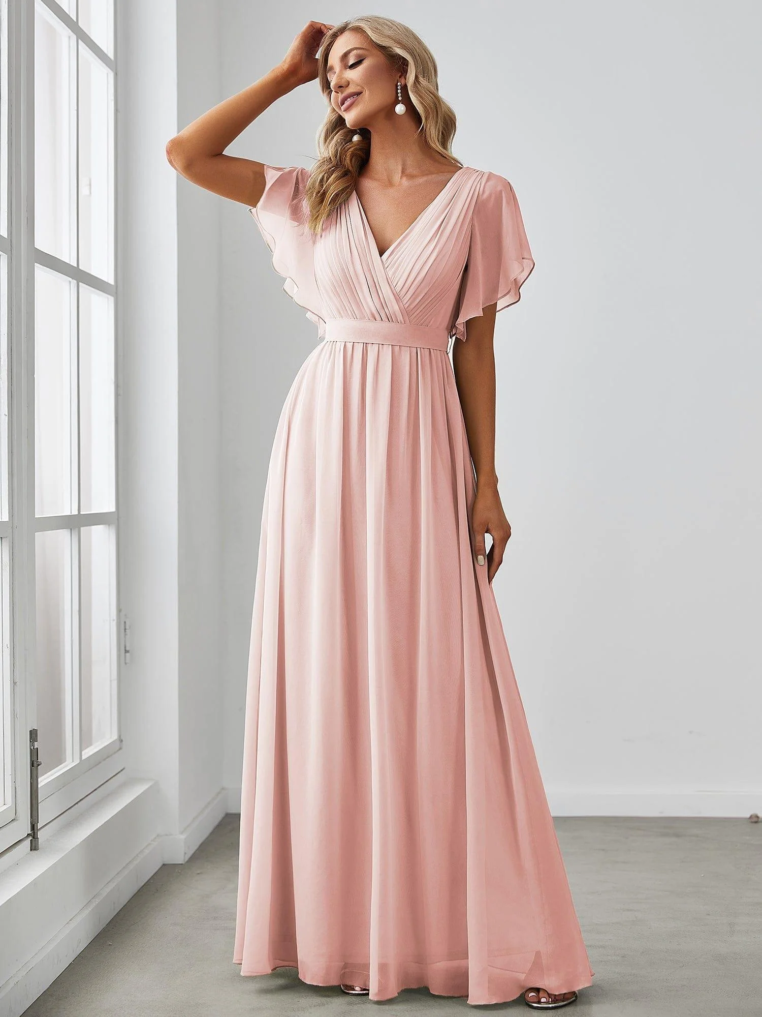 Abendkleid Damen Maxi A-Linie aus Chiffon | Festliches Kleid f��r Hochzeitsg?ste mit V-Ausschnitt und Fl��gel?rmeln