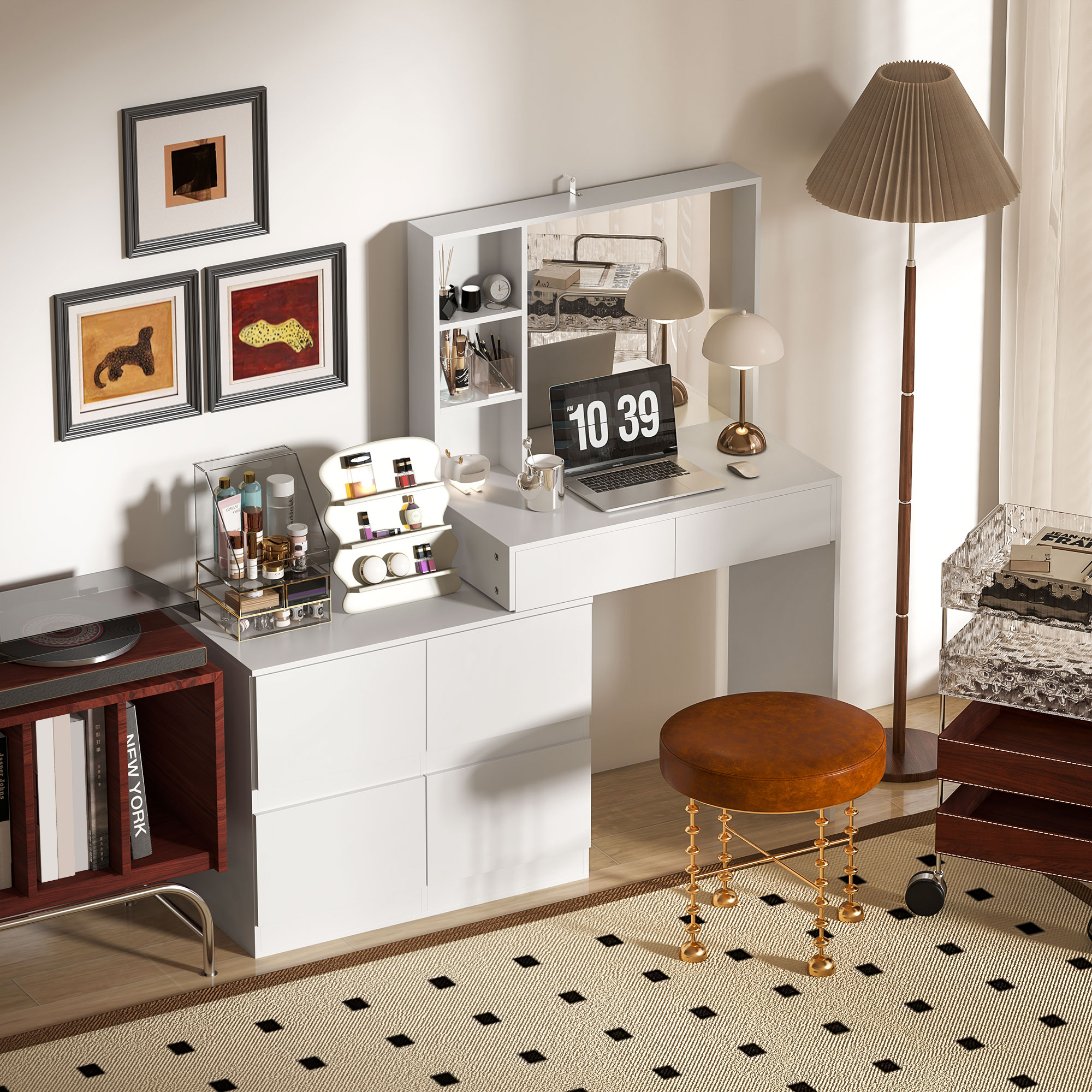 Kaptafel, Makeup-Tafel met Grote Spiegel, 4 Laden, 3 Open Vakken, 2 Kasten, MDF, Wit