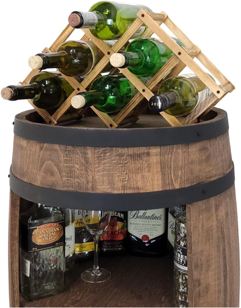weeco Fassbar mit LED Beleuchtung und Weinhalter. Weinregal - Holzfass Hausbar 80cm. Rustikaler deko Barschrank Weinständer – Fass. Fassbier, Wein Flaschenständer - Bar Whisky Geschenk (Dunkelbraun)